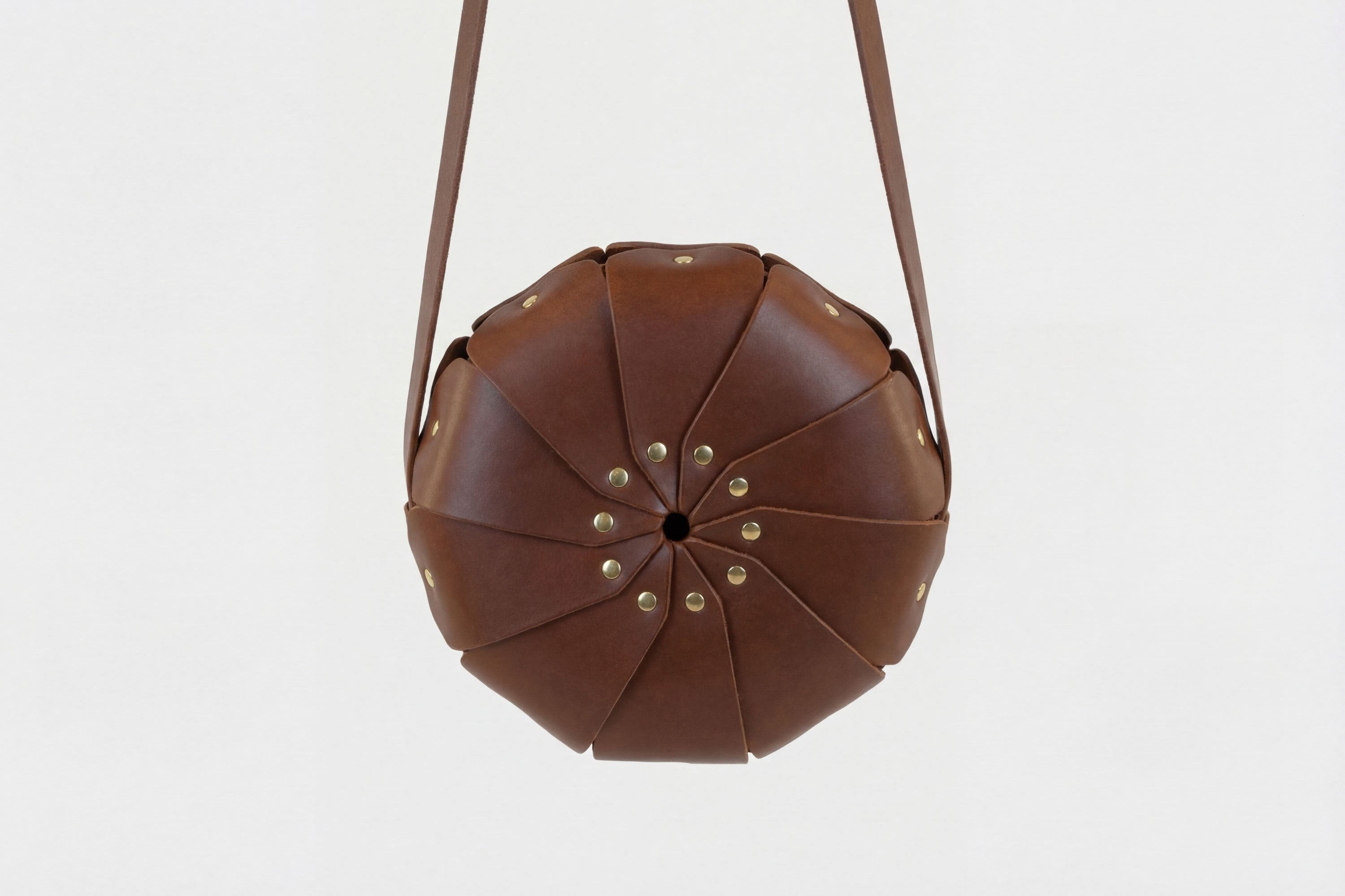 Anemo Leather Bag Dark Brown Color Floral Design Premium Minimalist Modern Circle Round Pouch Crossbody Atelier Madre Manuel Dreesmann Barcelona Spain