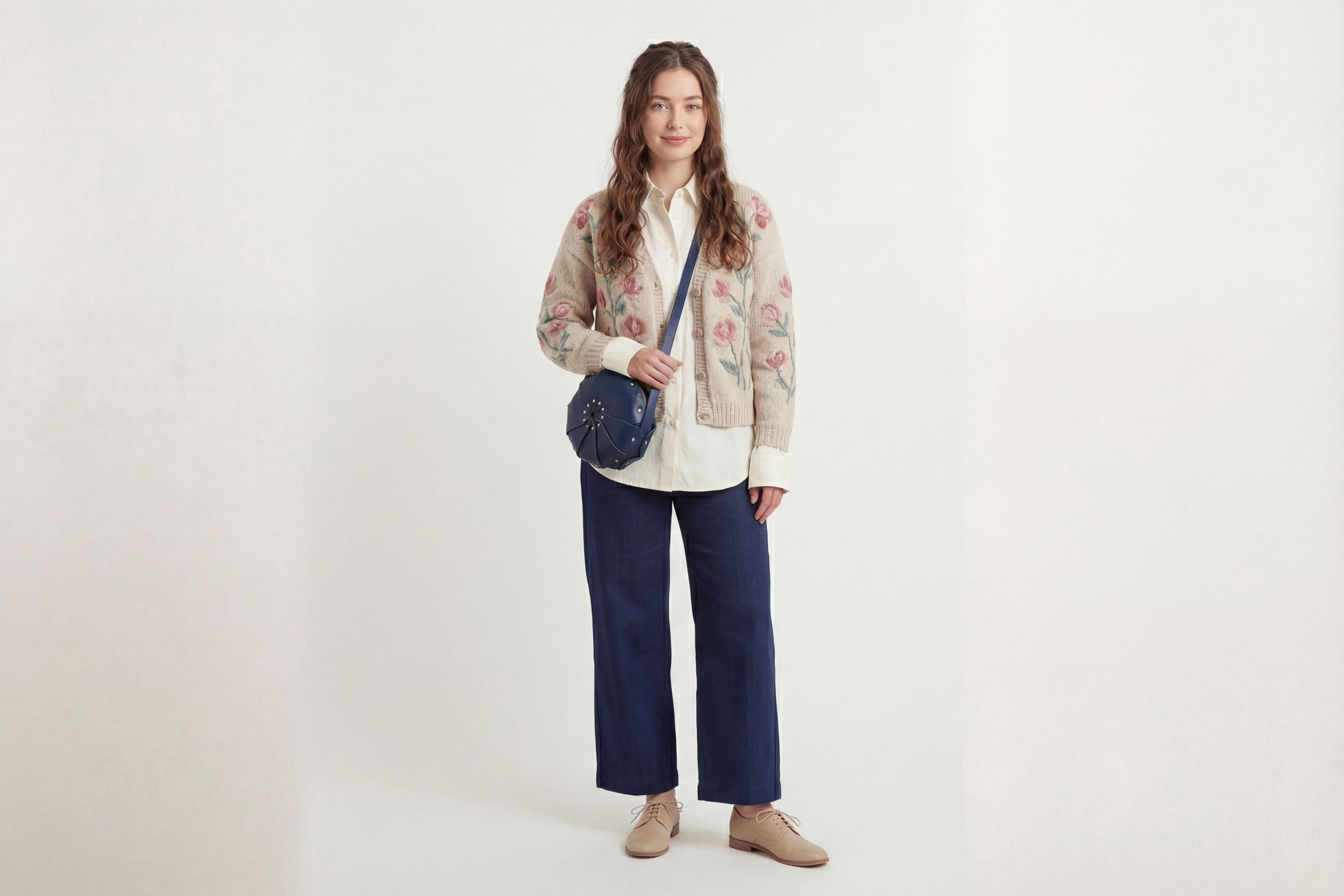 Anemo Leather Bag Marine Blue Color On A Woman Model Floral Design Premium Minimalist Modern Circle Round Pouch Crossbody Atelier Madre Manuel Dreesmann Barcelona Spain