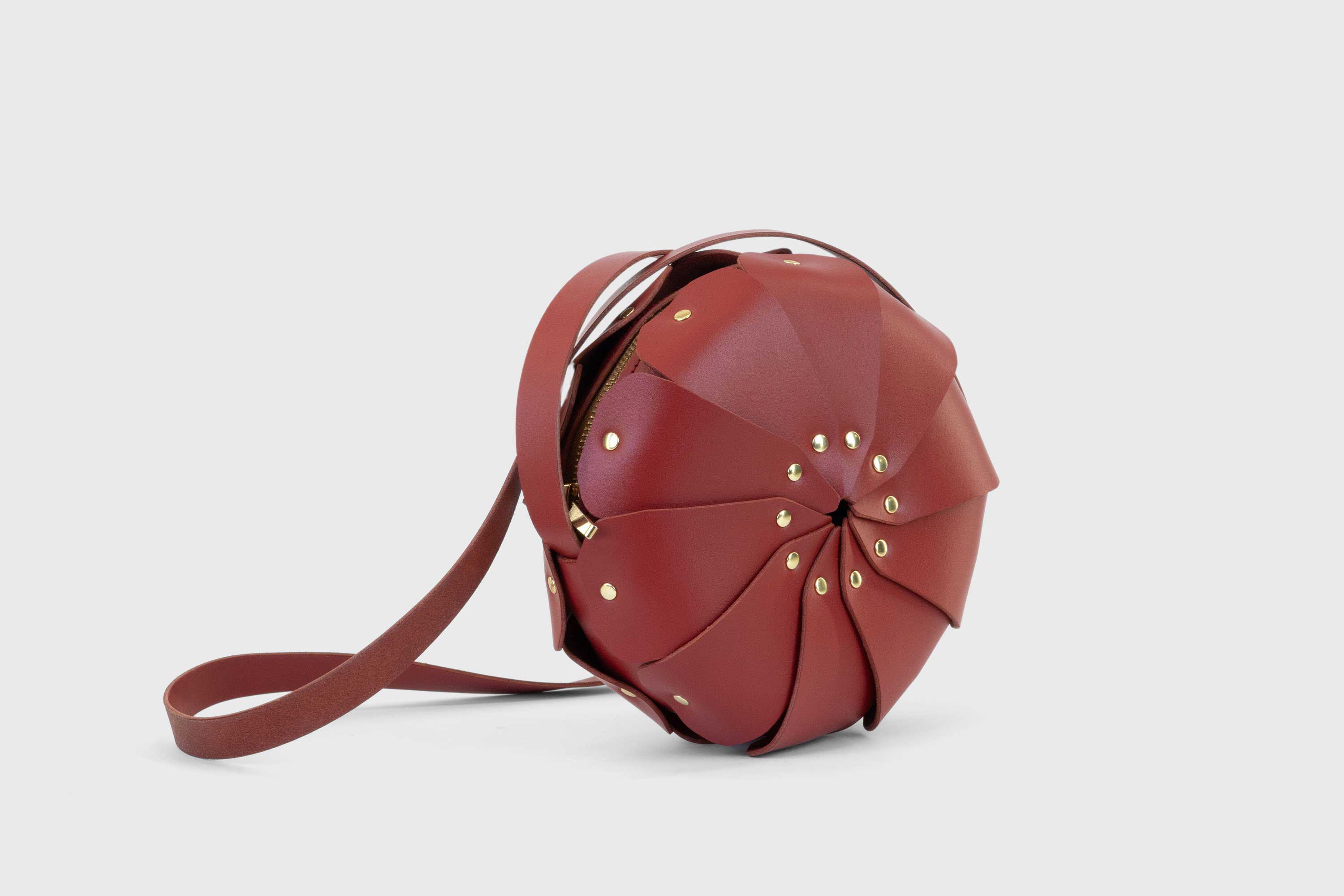 Anemo Leather Bag Front Red Color Floral Design Premium Minimalist Modern Circle Round Pouch Crossbody Atelier Madre Manuel Dreesmann Barcelona