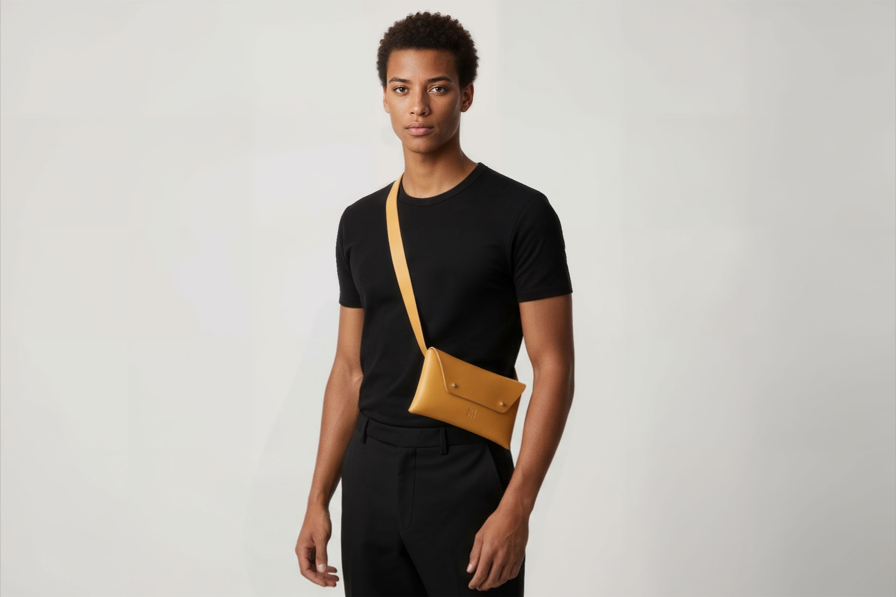 Belt Bag Leather Brown Color On A Man Model Fanny Pack Waist Bag Vegetable Tanned Leather Full Grain Premium Quality Modern Minimalist Design Atelier Madre Manuel Dreesmann Barcelona Spain