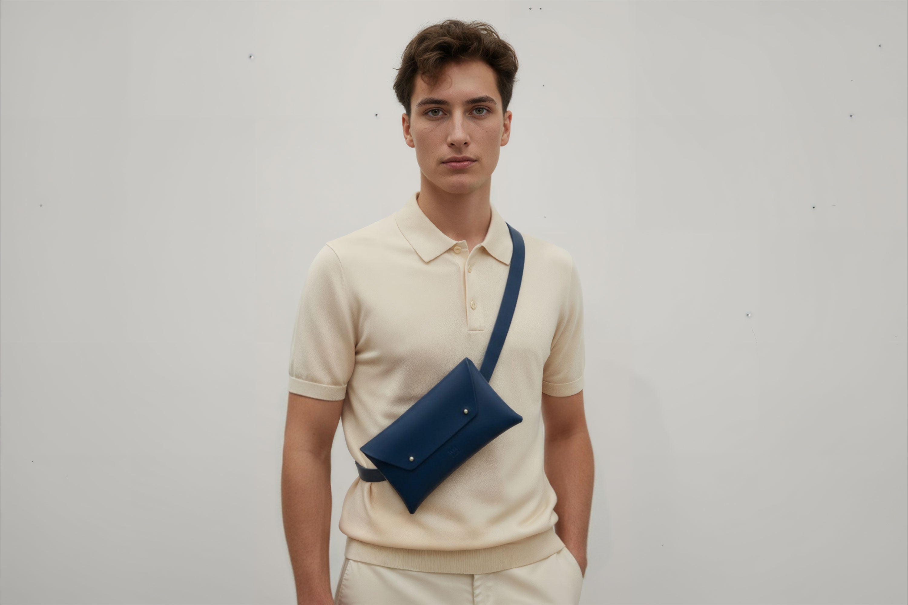 Belt Bag Leather Marine Blue Color On A Man Model Fanny Pack Waist Bag Vegetable Tanned Leather Full Grain Premium Quality Modern Minimalist Design Atelier Madre Manuel Dreesmann Barcelona Spain