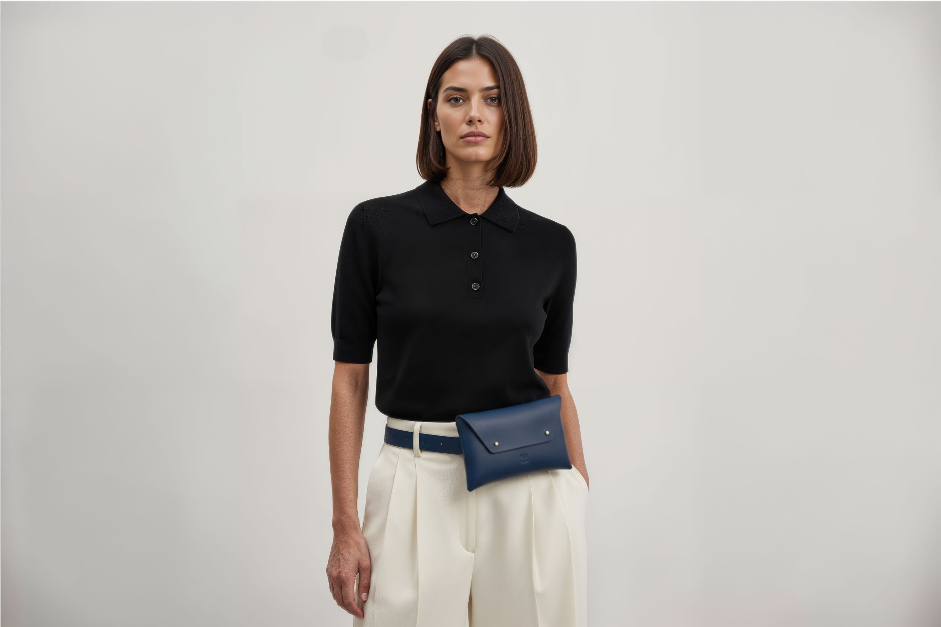 Belt Bag Leather Marine Blue Color On A Woman Model Fanny Pack Waist Bag Vegetable Tanned Leather Full Grain Premium Quality Modern Minimalist Design Atelier Madre Manuel Dreesmann Barcelona Spain