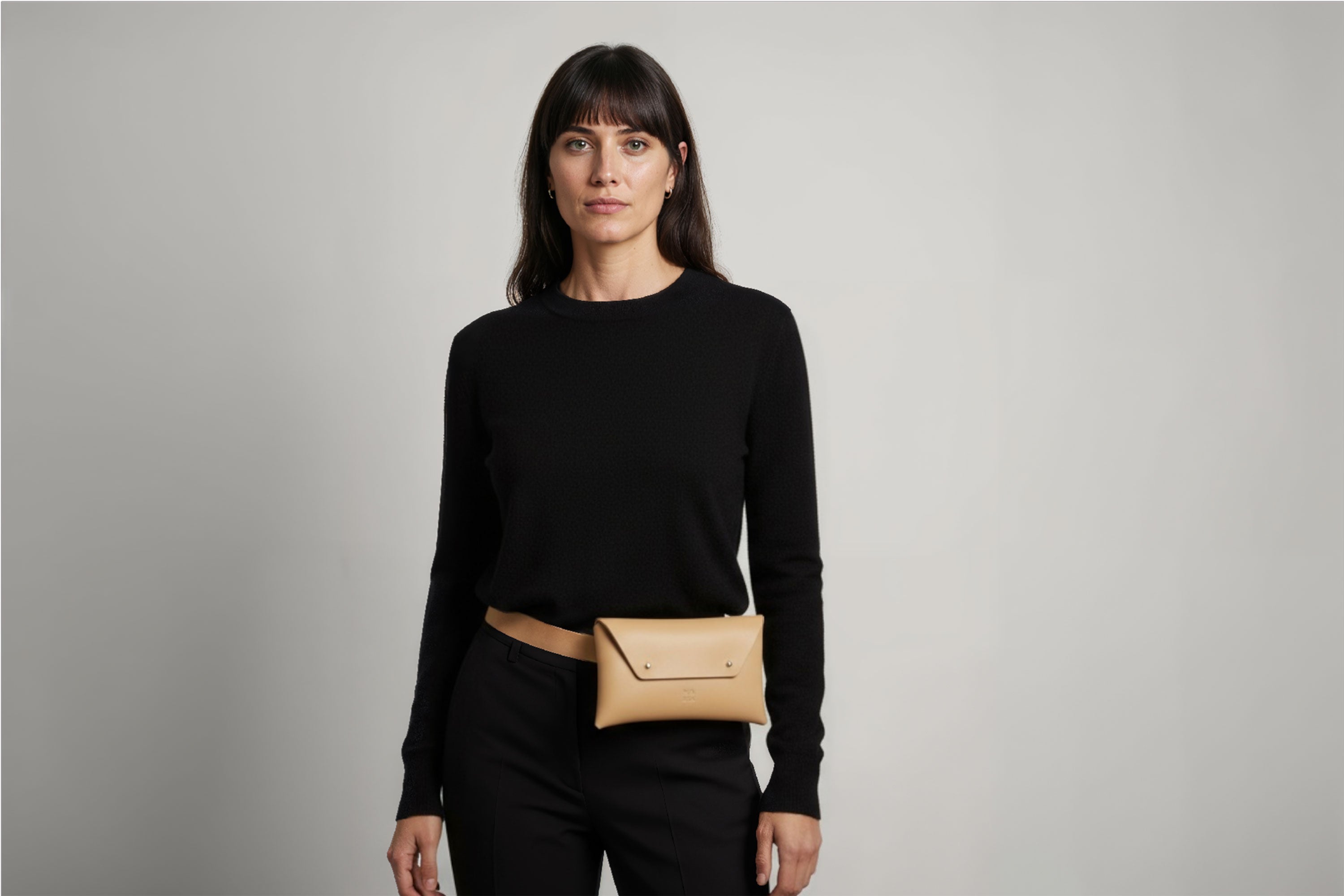 Belt Bag Leather Natural Color On A Woman Model Fanny Pack Waist Bag Vegetable Tanned Leather Full Grain Premium Quality Modern Minimalist Design Atelier Madre Manuel Dreesmann Barcelona Spain