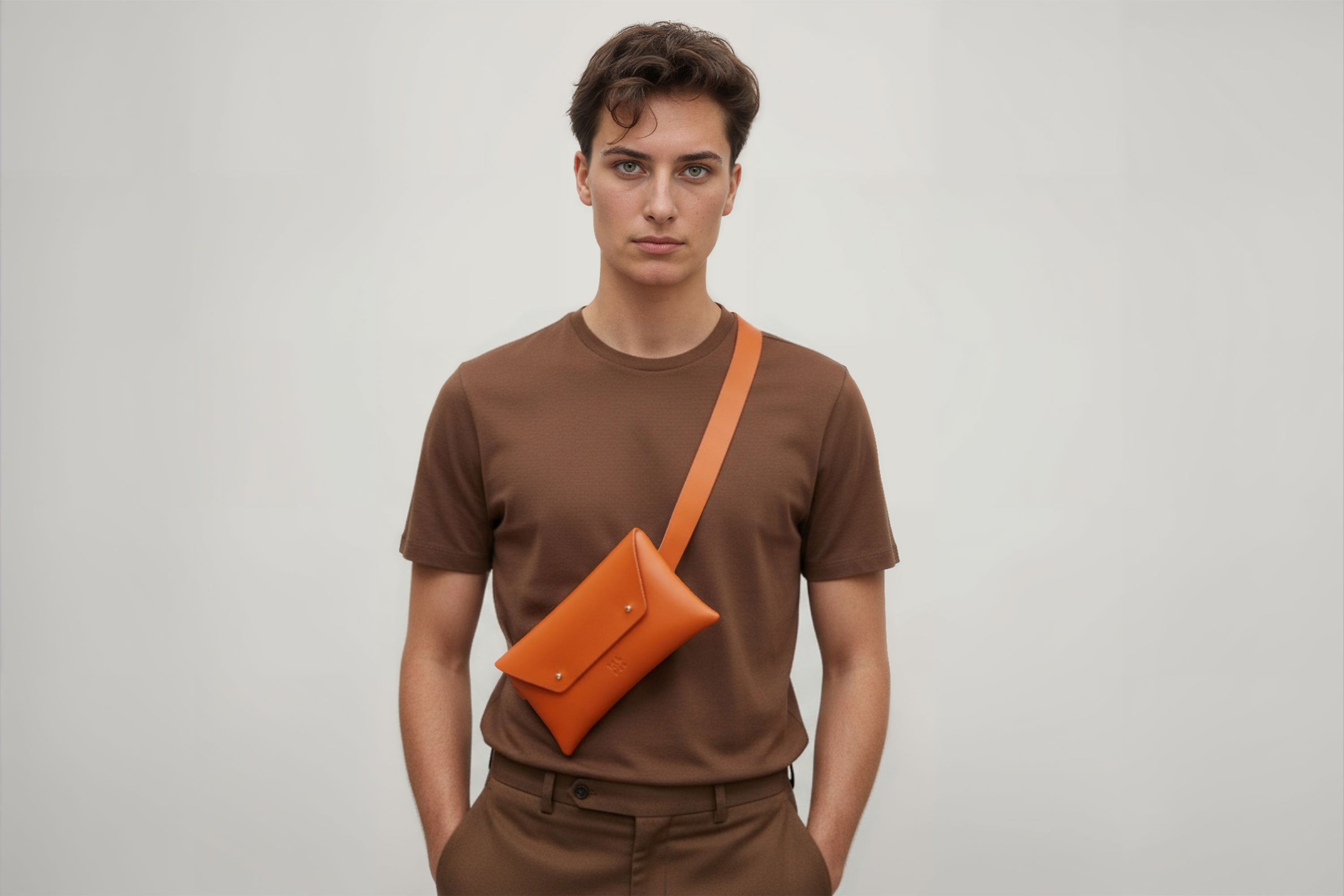 Belt Bag Leather Orange Color On A Man Model Fanny Pack Waist Bag Vegetable Tanned Leather Full Grain Premium Quality Modern Minimalist Design Atelier Madre Manuel Dreesmann Barcelona Spain