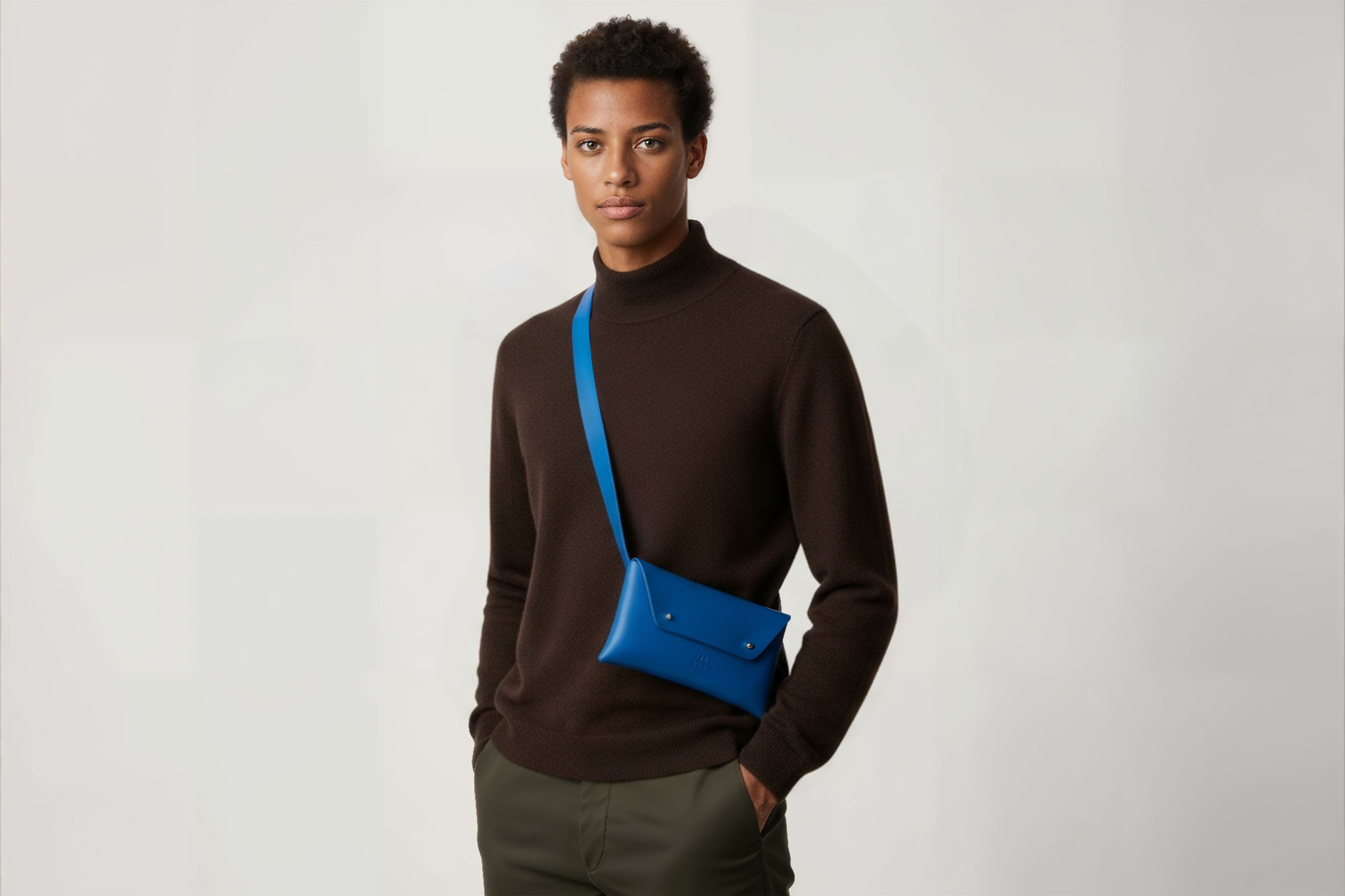 Belt Bag Leather Royal Blue Color On A Man Model Fanny Pack Waist Bag Vegetable Tanned Leather Full Grain Premium Quality Modern Minimalist Design Atelier Madre Manuel Dreesmann Barcelona Spain