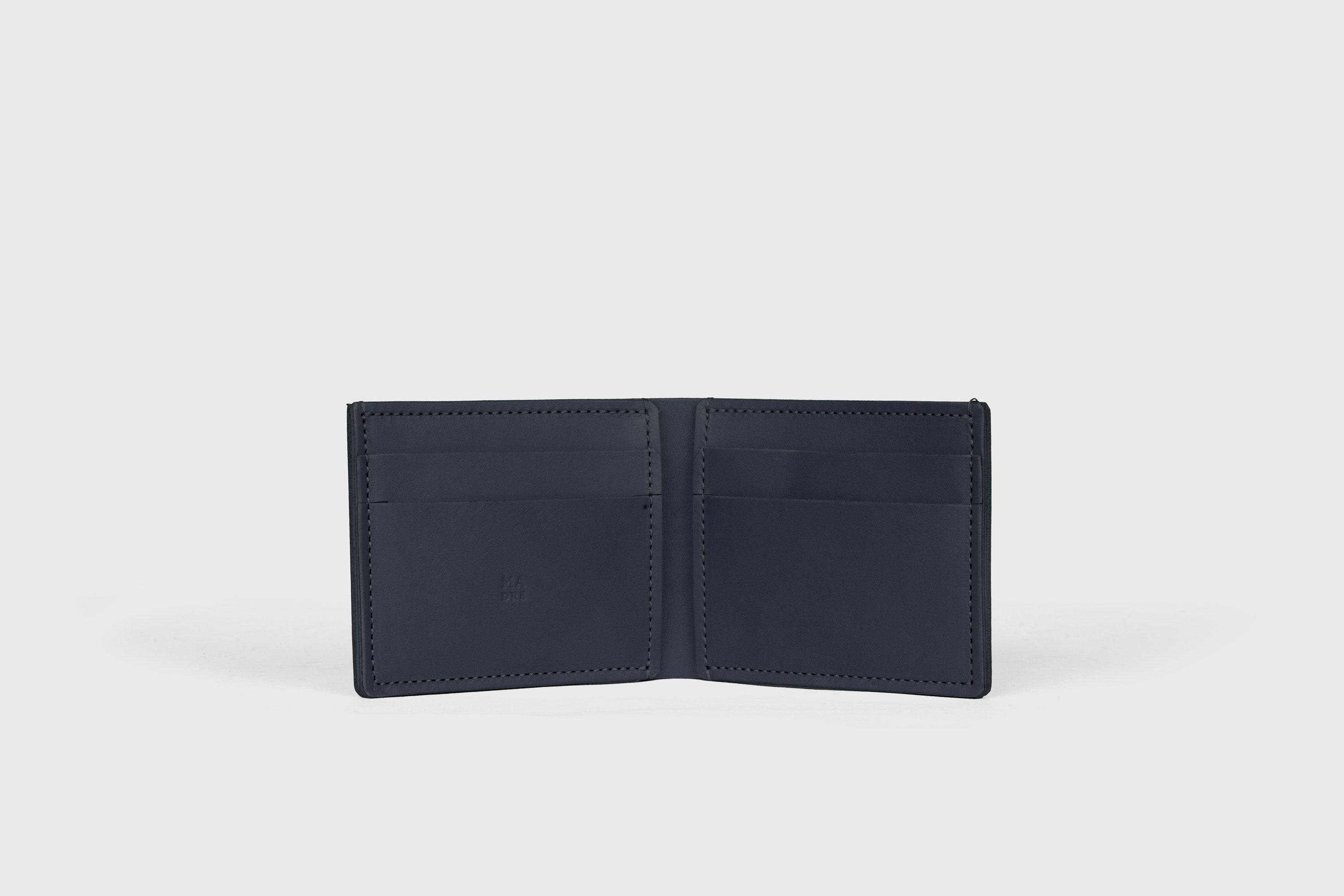 Bifold Wallet Horizontal With 6 Card Slots In Marine Blue Color In Vegetable Tanned Leather Minimalistic Design Atelier Madre Manuel Dreesmann Barcelona Spain