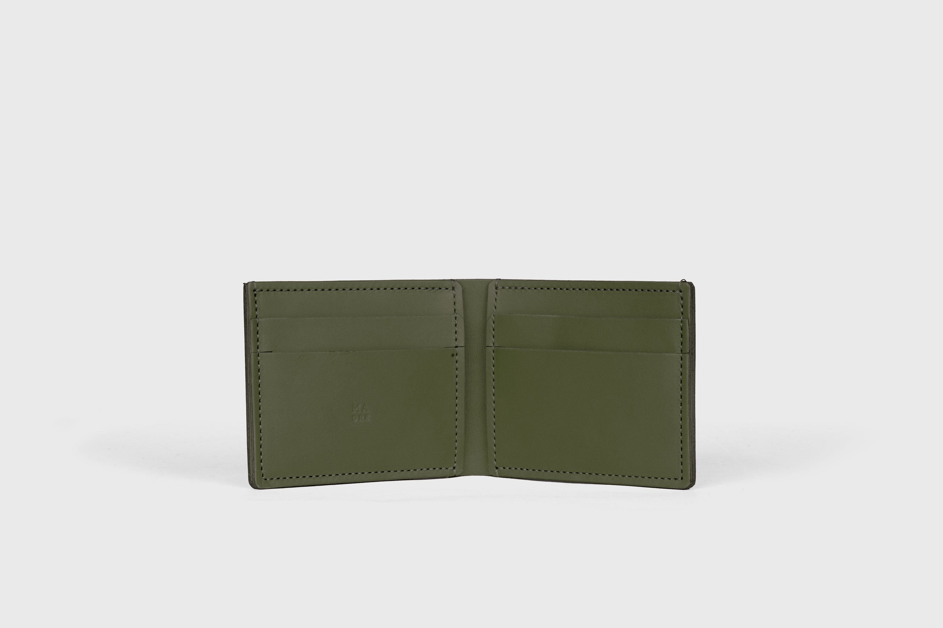 Bifold Wallet Horizontal With 6 Card Slots In Olive Green Color In Vegetable Tanned Leather Minimalistic Design Atelier Madre Manuel Dreesmann Barcelona Spain