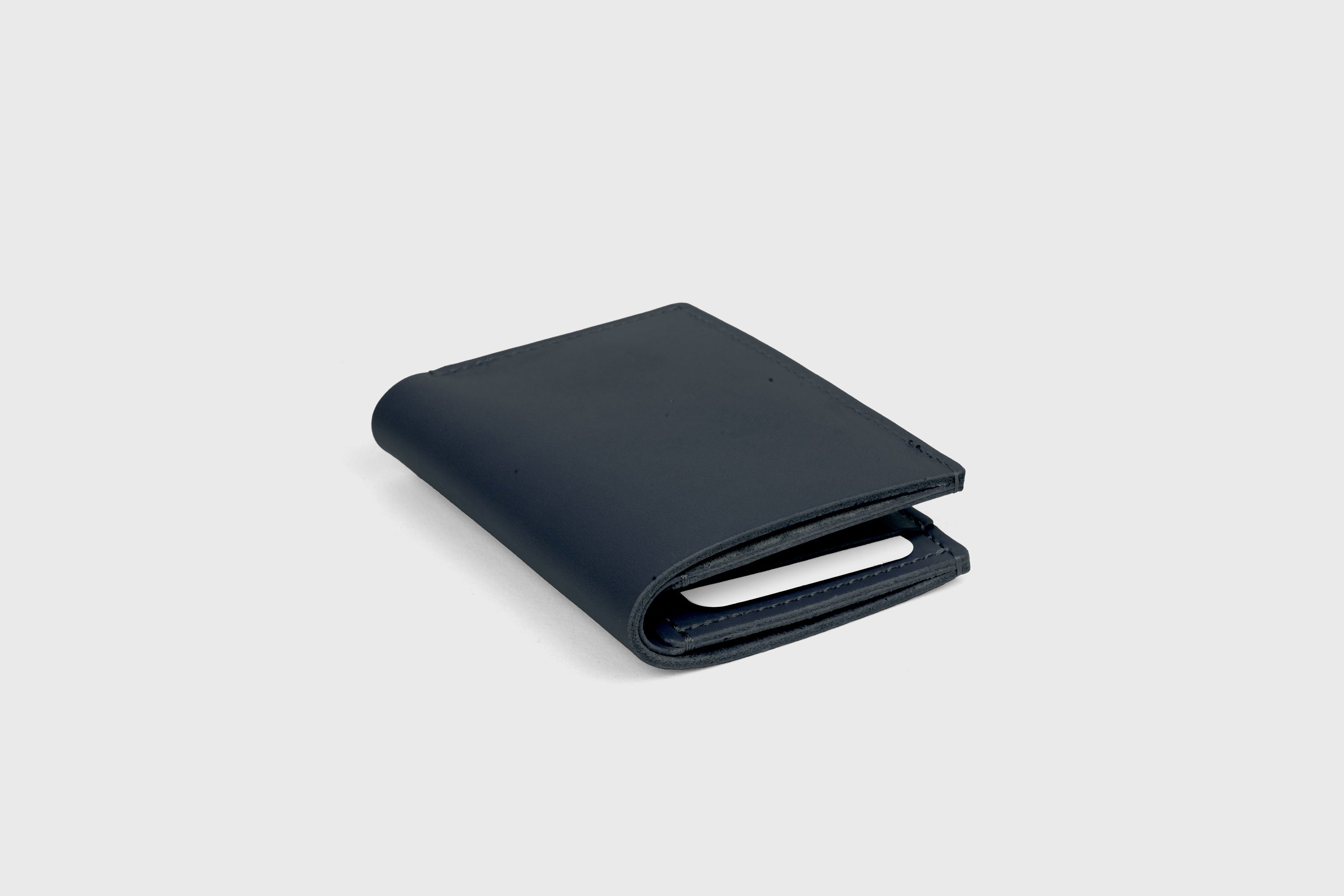 Bifold Wallet Vertical 6 Slots In Marine Blue Color In Vegetable Tanned Leather Minimalistic Design Atelier Madre Manuel Dreesmann Barcelona Spain
