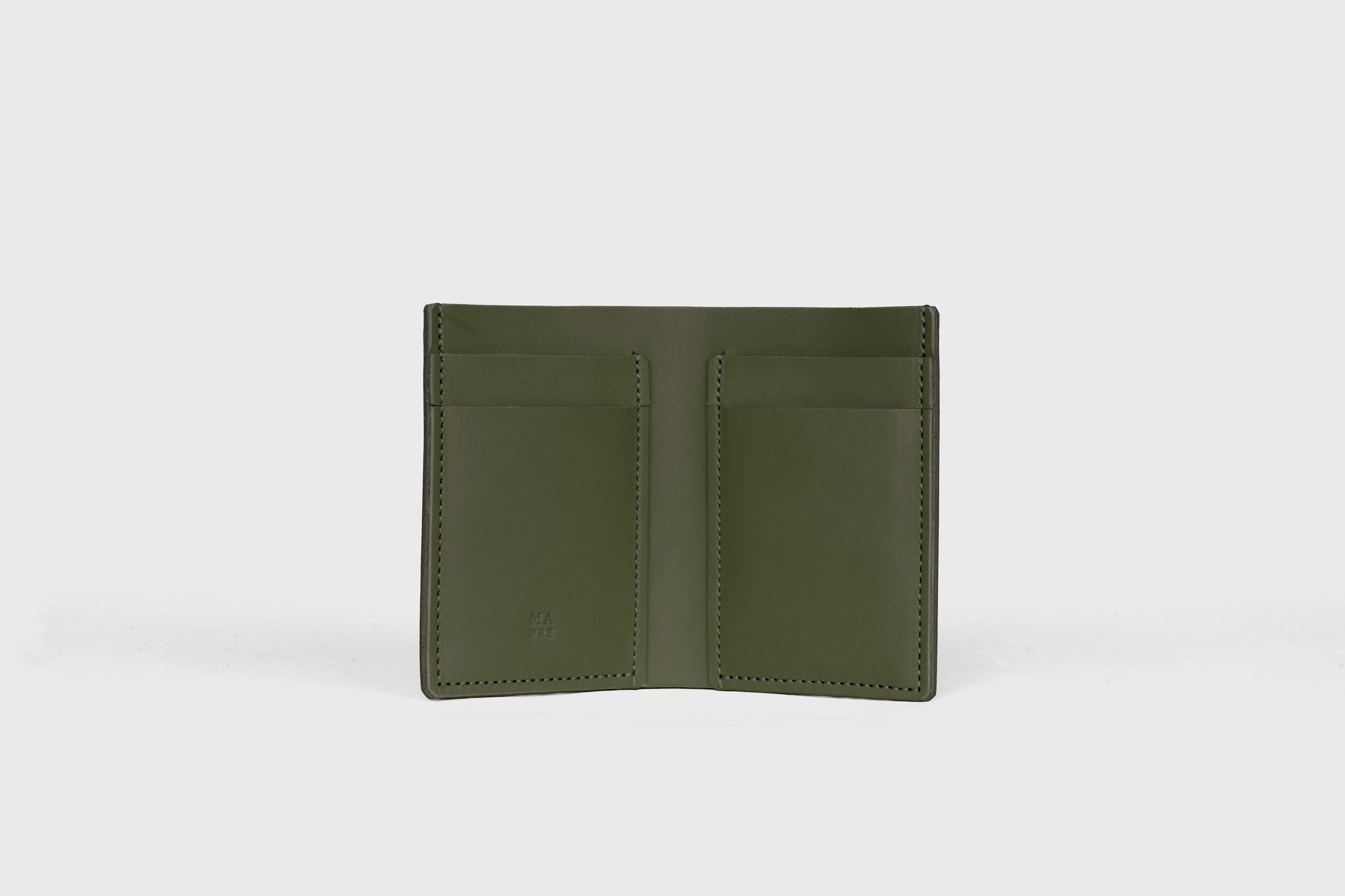 Bifold Wallet Vertical In Olive Green Color In Vegetable Tanned Leather Minimalistic Slim Design Atelier Madre Manuel Dreesmann Barcelona Spain