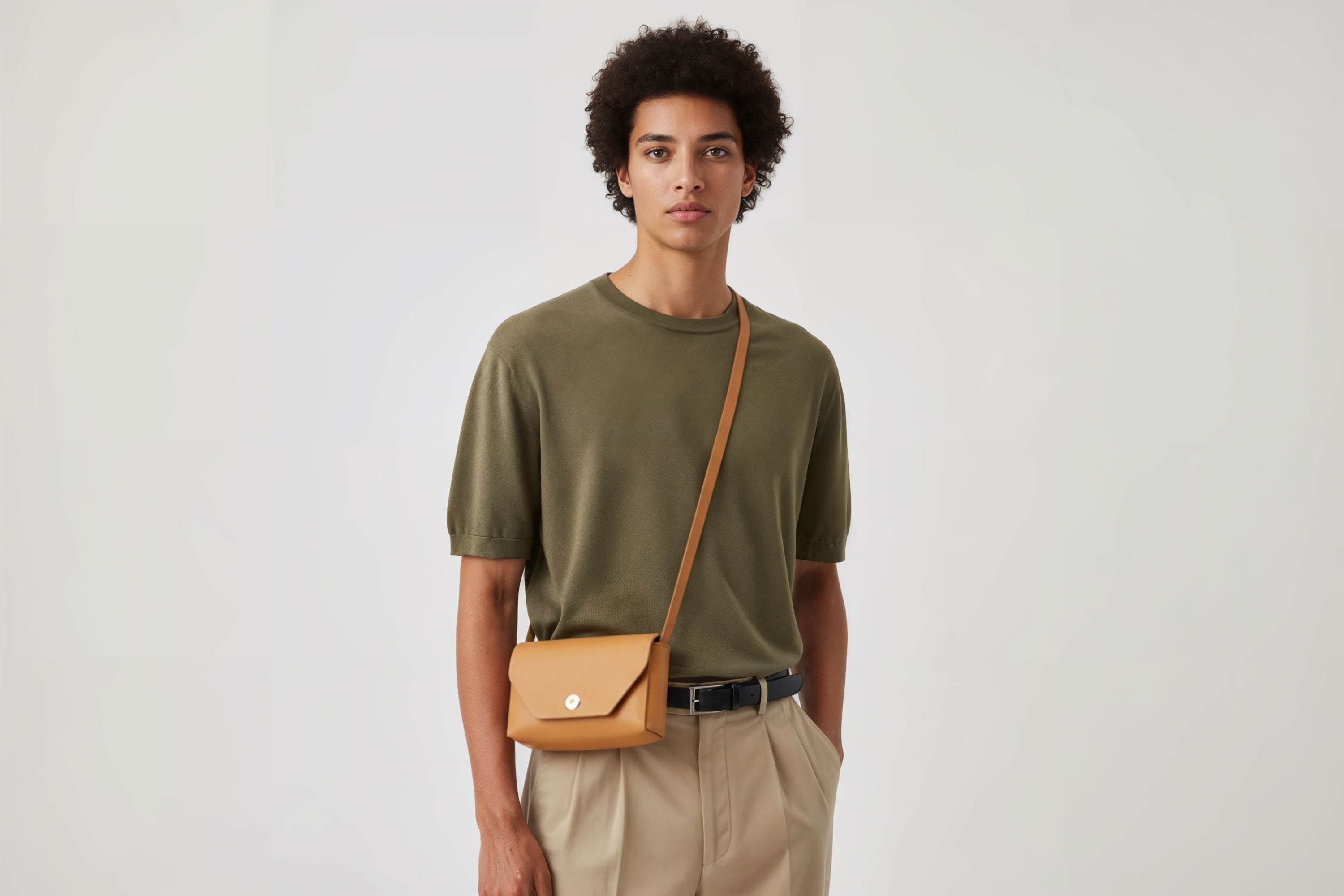 Brick Bag Brown Color Leather On Man Model Bright Background Vegetable Tanned Leather Modern Minimalist Design Premium Quality Atelier Madre Manuel Dreesmann Barcelona Spain