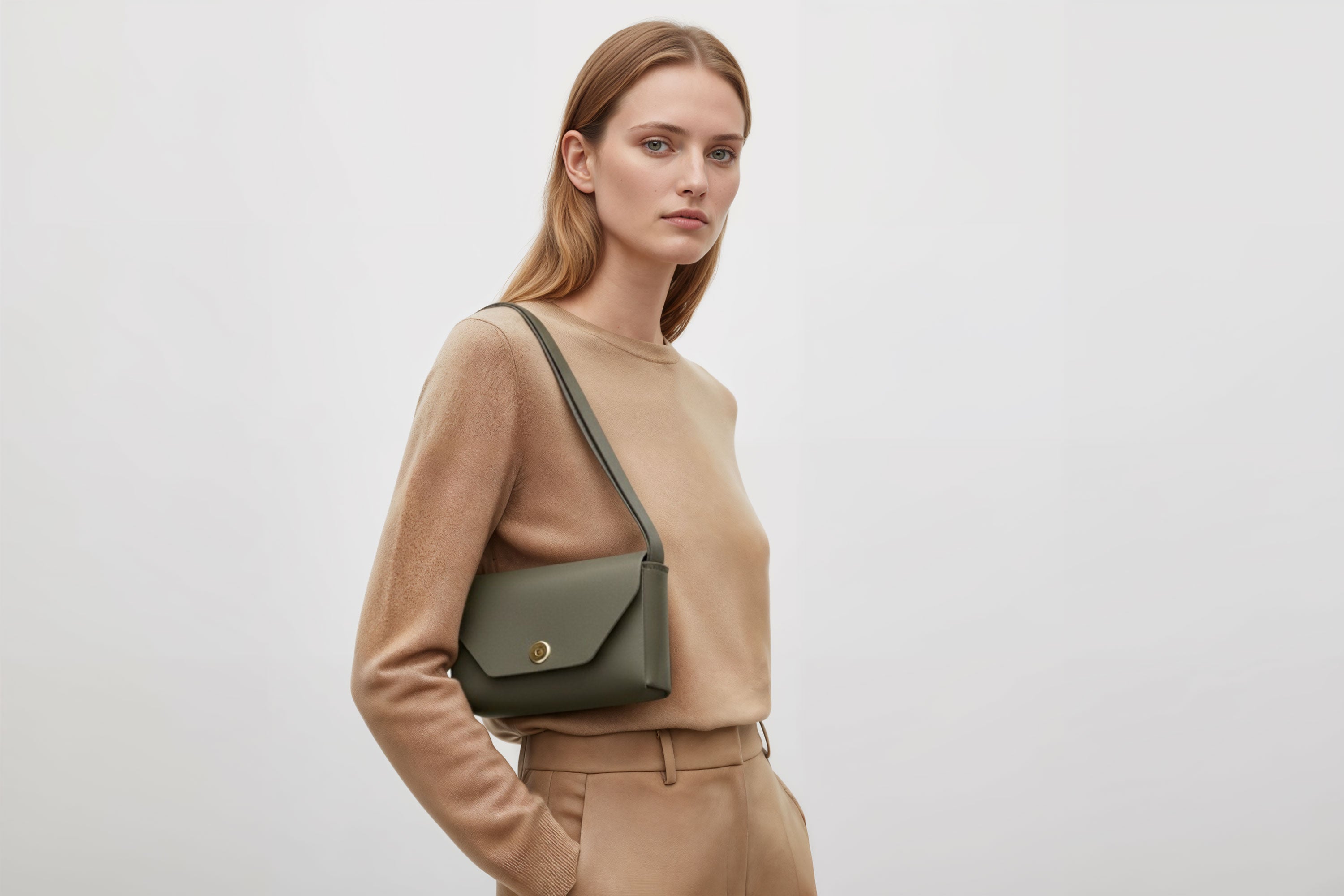 Brick Bag Olive Green Color Leather On Woman Model Bright Background Vegetable Tanned Leather Modern Minimalist Design Premium Quality Atelier Madre Manuel Dreesmann Barcelona Spain