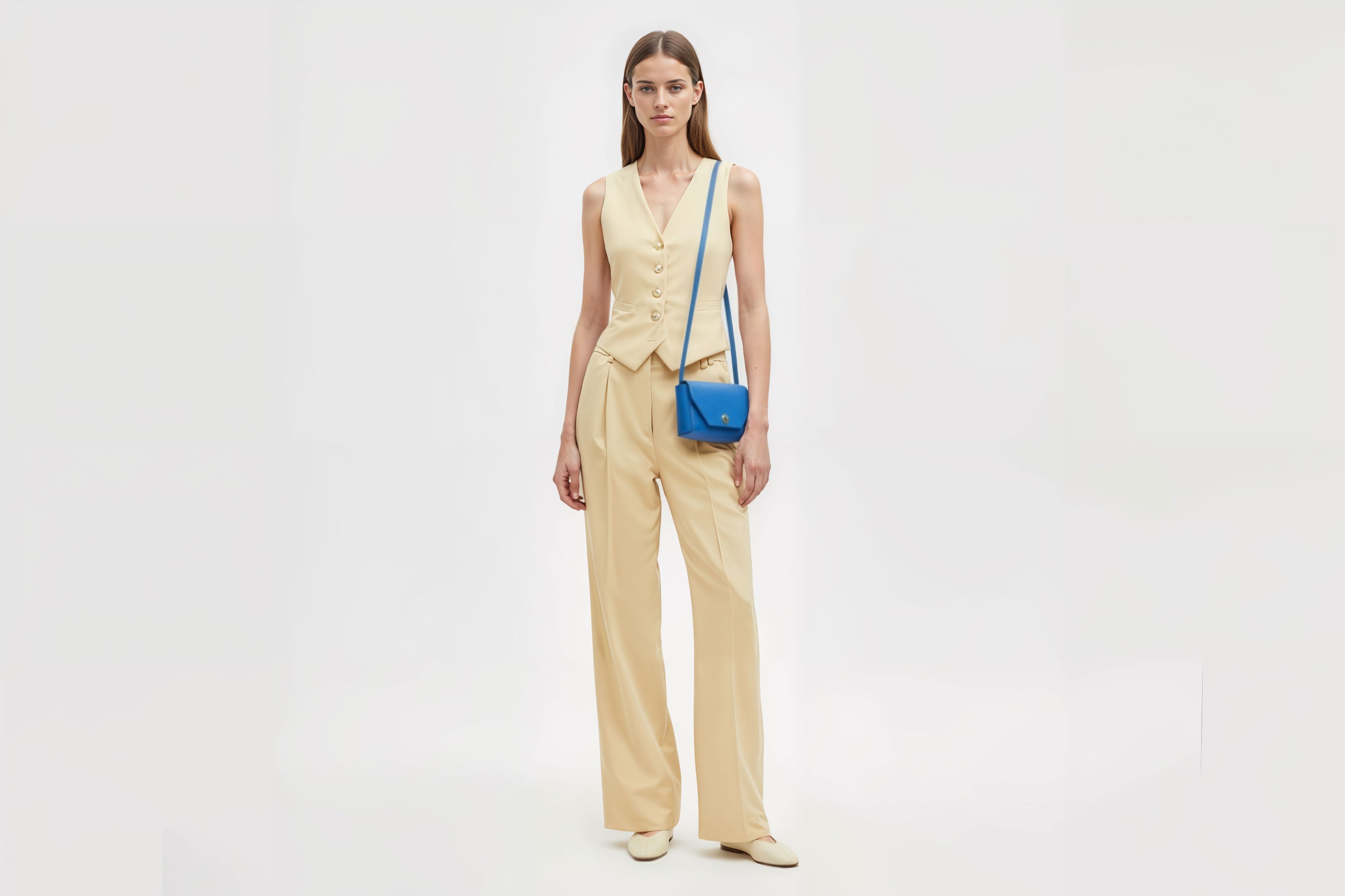 Brick Bag Royal Blue Color Leather On Woman Model Bright Background Vegetable Tanned Leather Modern Minimalist Design Premium Quality Atelier Madre Manuel Dreesmann Barcelona Spain