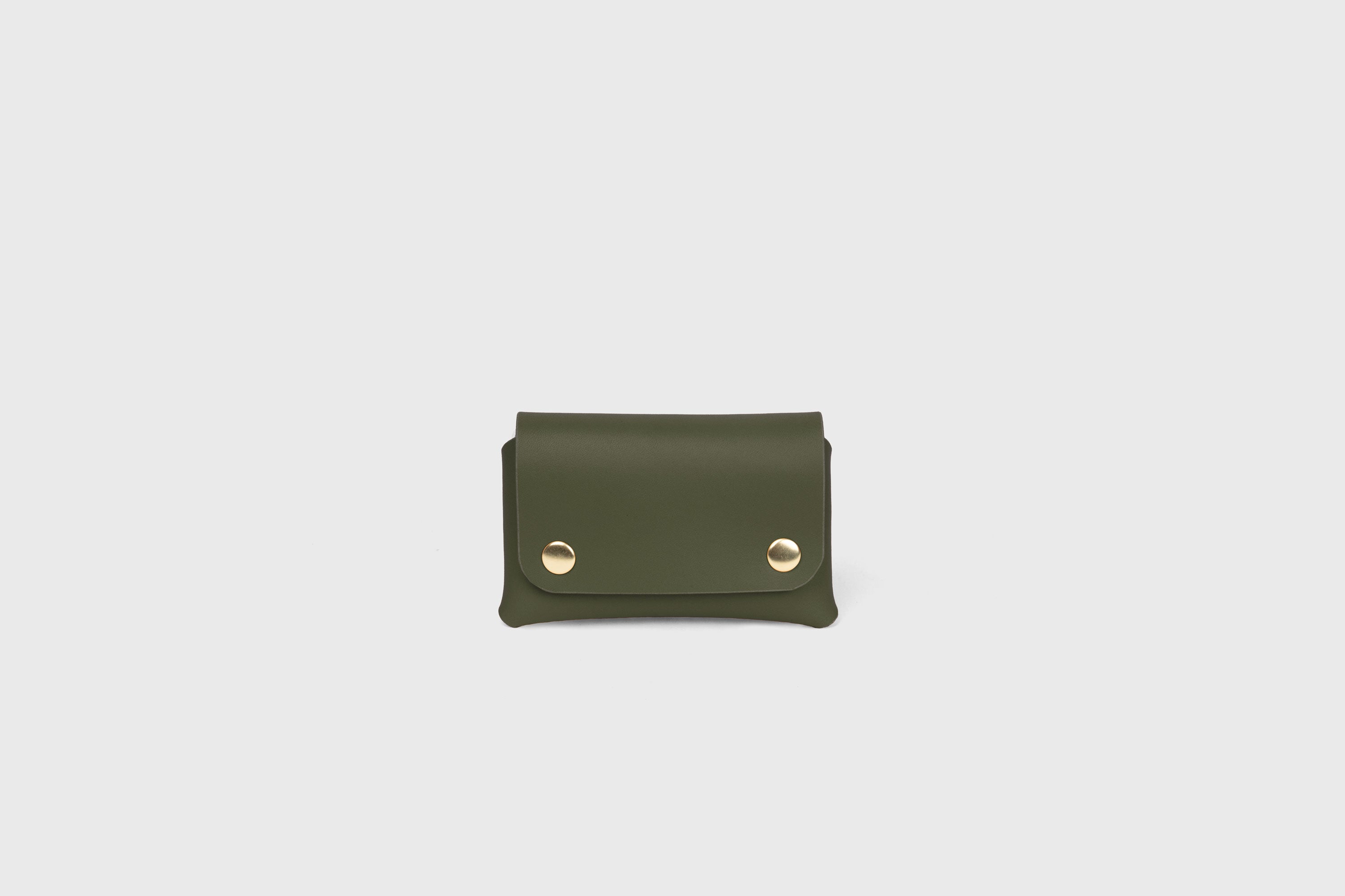 Card Holder With Snap Buttons In Olive Green Leather Minimalistic Design Leather Atelier Madre Manuel Dreesmann