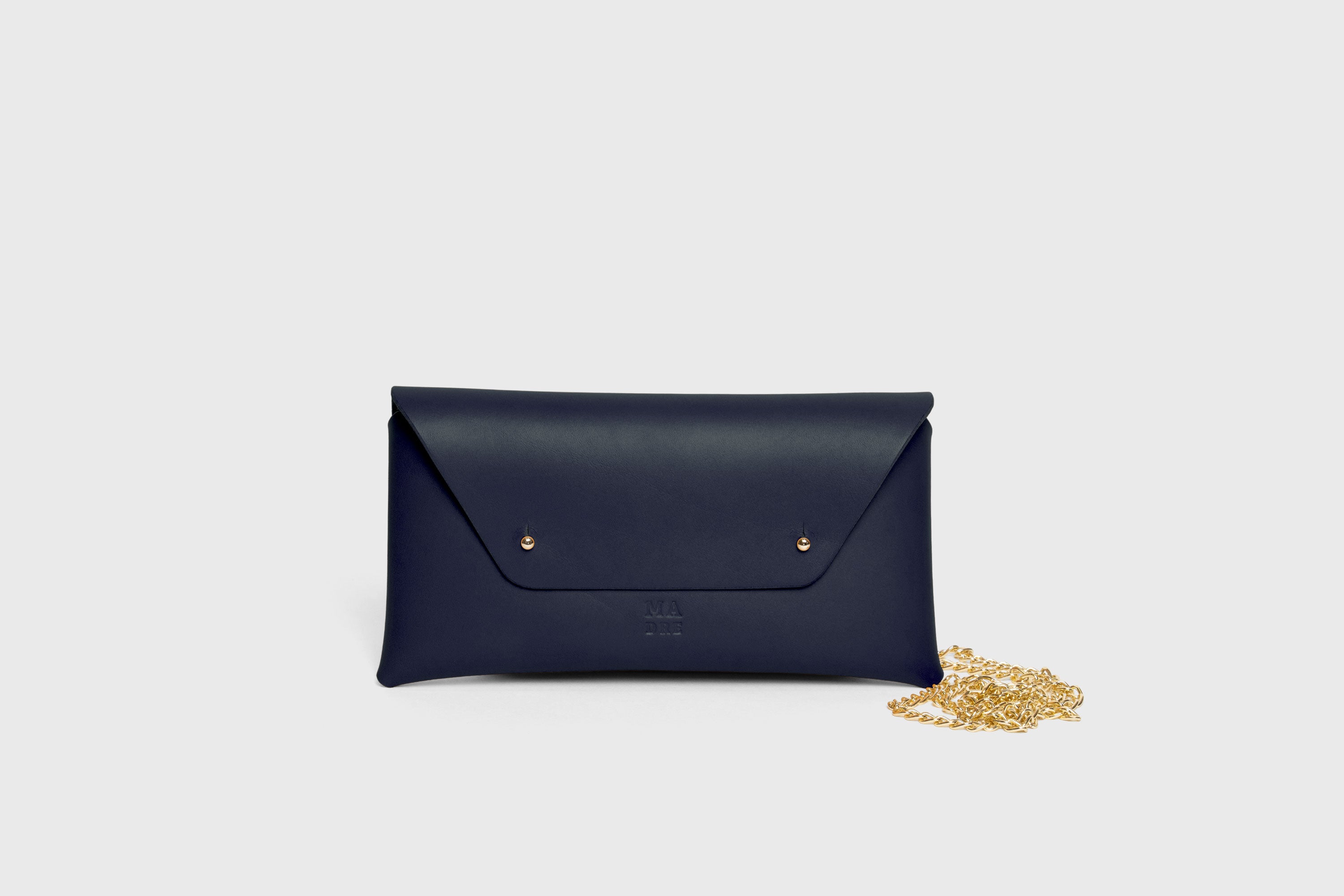Clutch Leather Bag Gold Chain Marine Blue Color Shoulder Crossbody Bag Premium Quality Minimalist Design Atelier Madre Manuel Dreesmann Barcelona