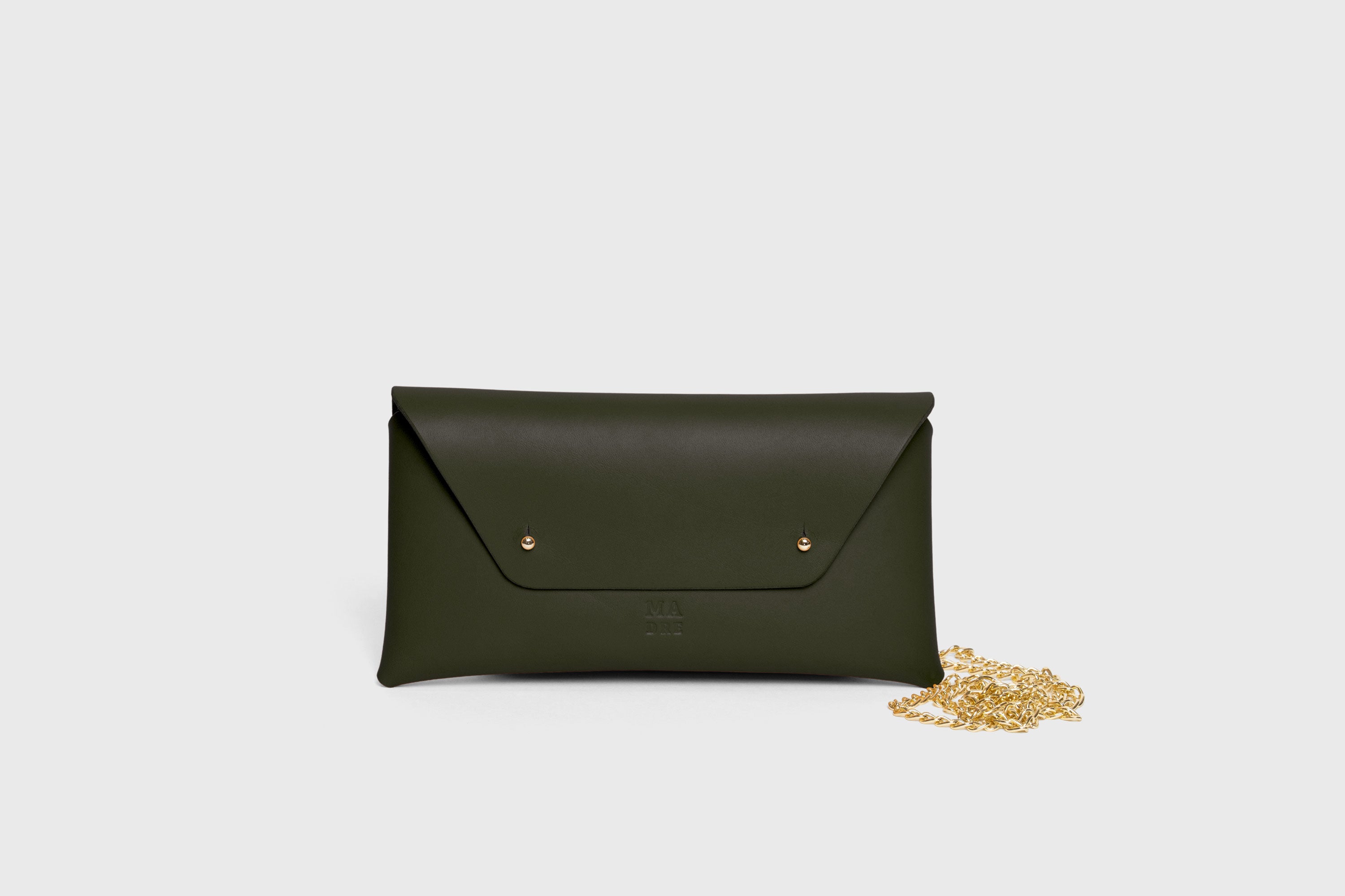 Clutch Leather Bag Gold Chain Olive Green Color Shoulder Crossbody Bag Premium Quality Minimalist Design Atelier Madre Manuel Dreesmann Barcelona Spain