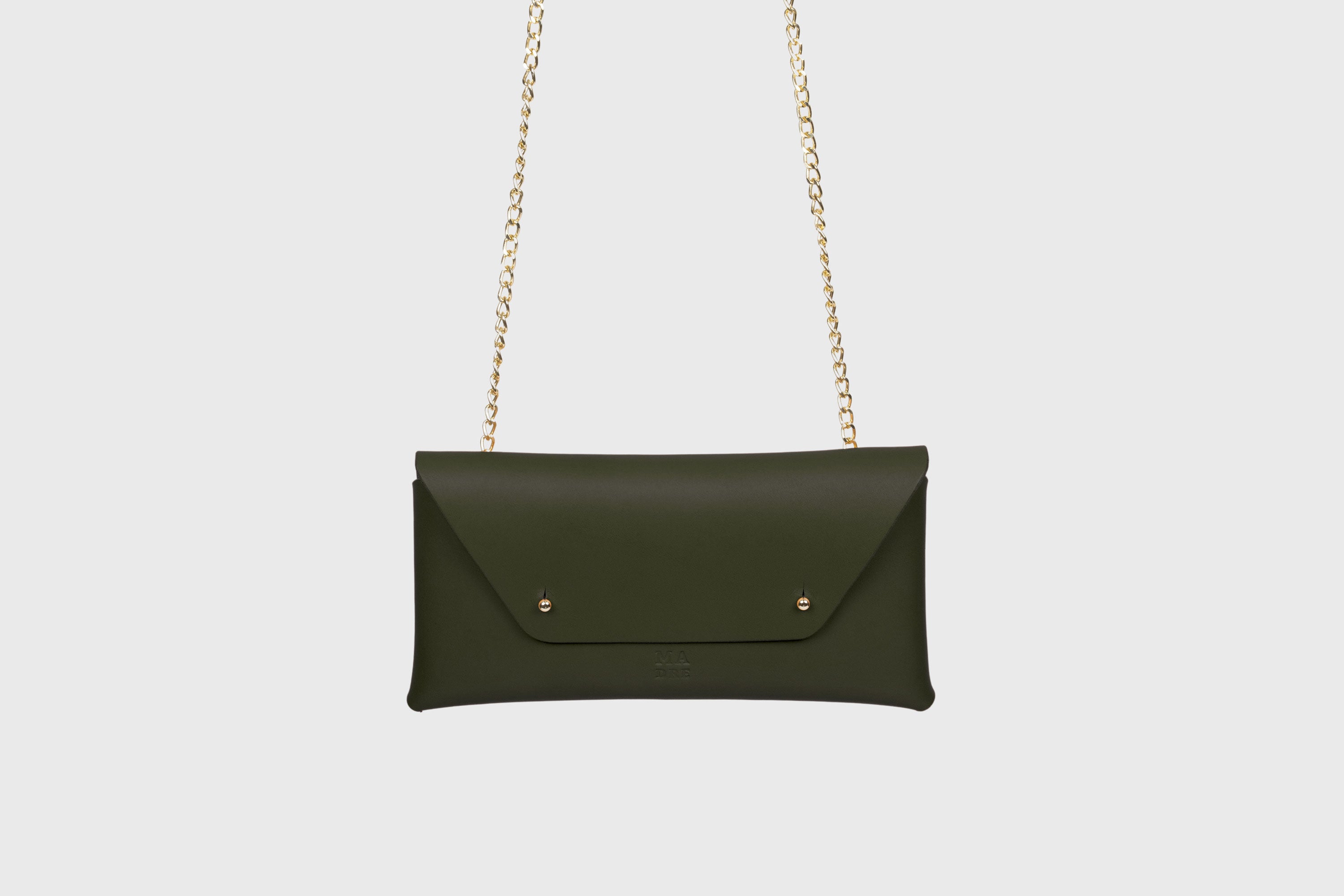 Clutch Leather Bag Gold Chain Olive Green Color Shoulder Crossbody Bag Premium Quality Minimalist Design Atelier Madre Manuel Dreesmann Barcelona Spain
