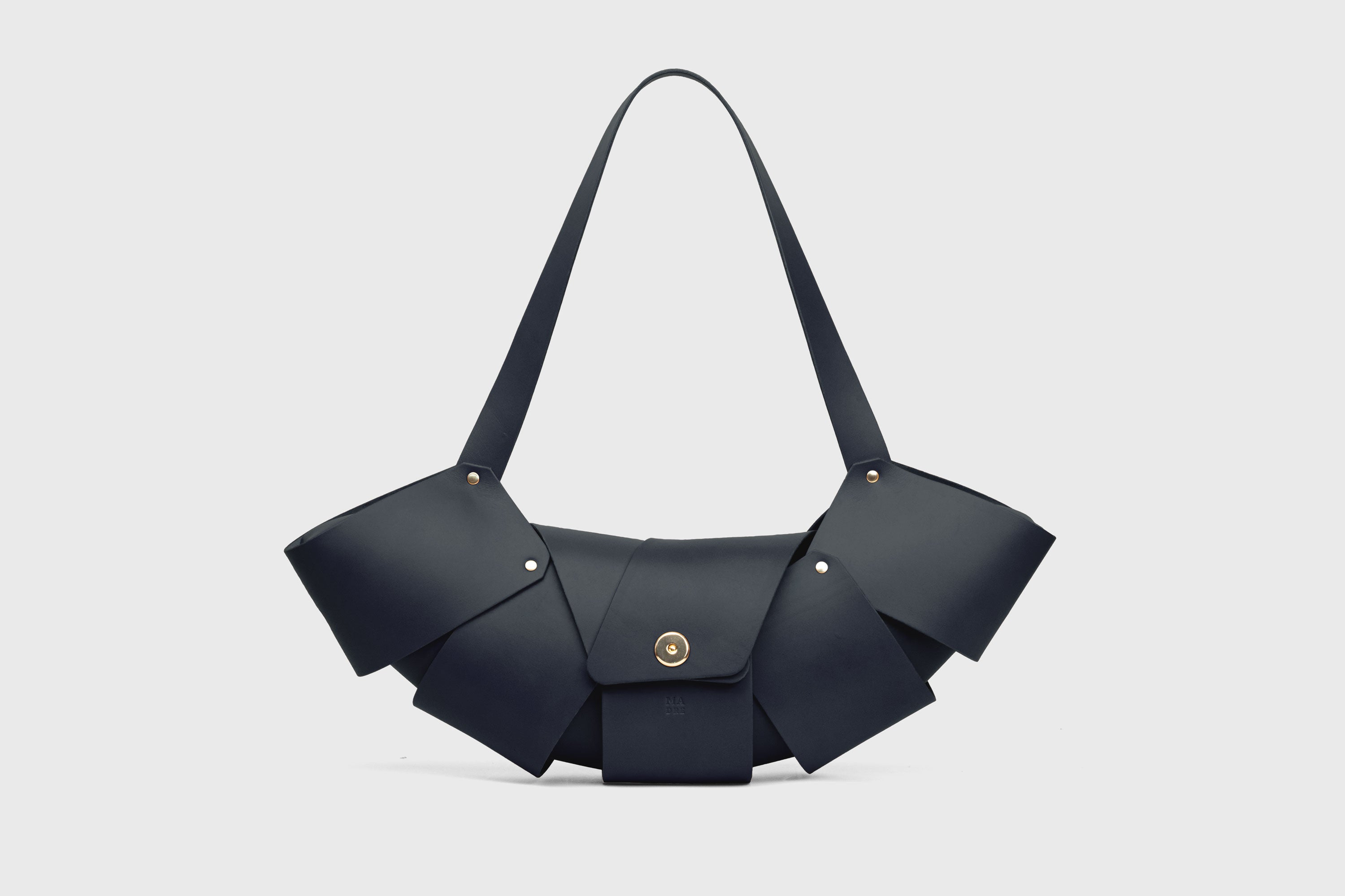 Croissant Bag Big Marine Blue Leather Magnetic Closure Full Grain Vegetable Tanned Leather High Quality Modern Minimalistic Organic Design Full Brass Rivets Atelier Madre Manuel Dreesmann Barcelona Spain