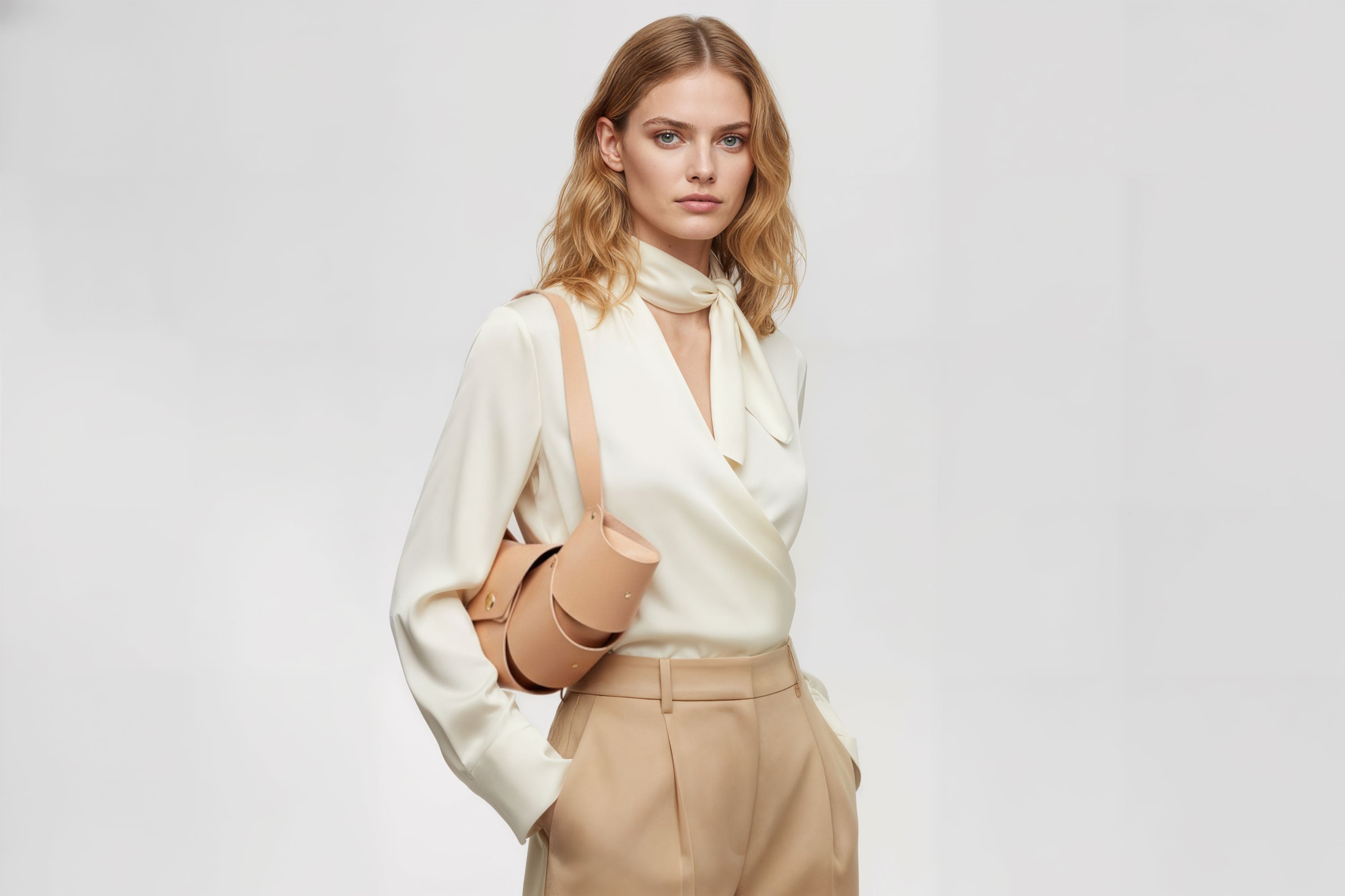 Croissant Bag Big Natural Colour Leather Magnetic Closure On A Woman Model Full Grain Vegetable Tanned Leather High Quality Modern Minimalistic Organic Design Full Brass Rivets Atelier Madre Manuel Dreesmann Barcelona Spain