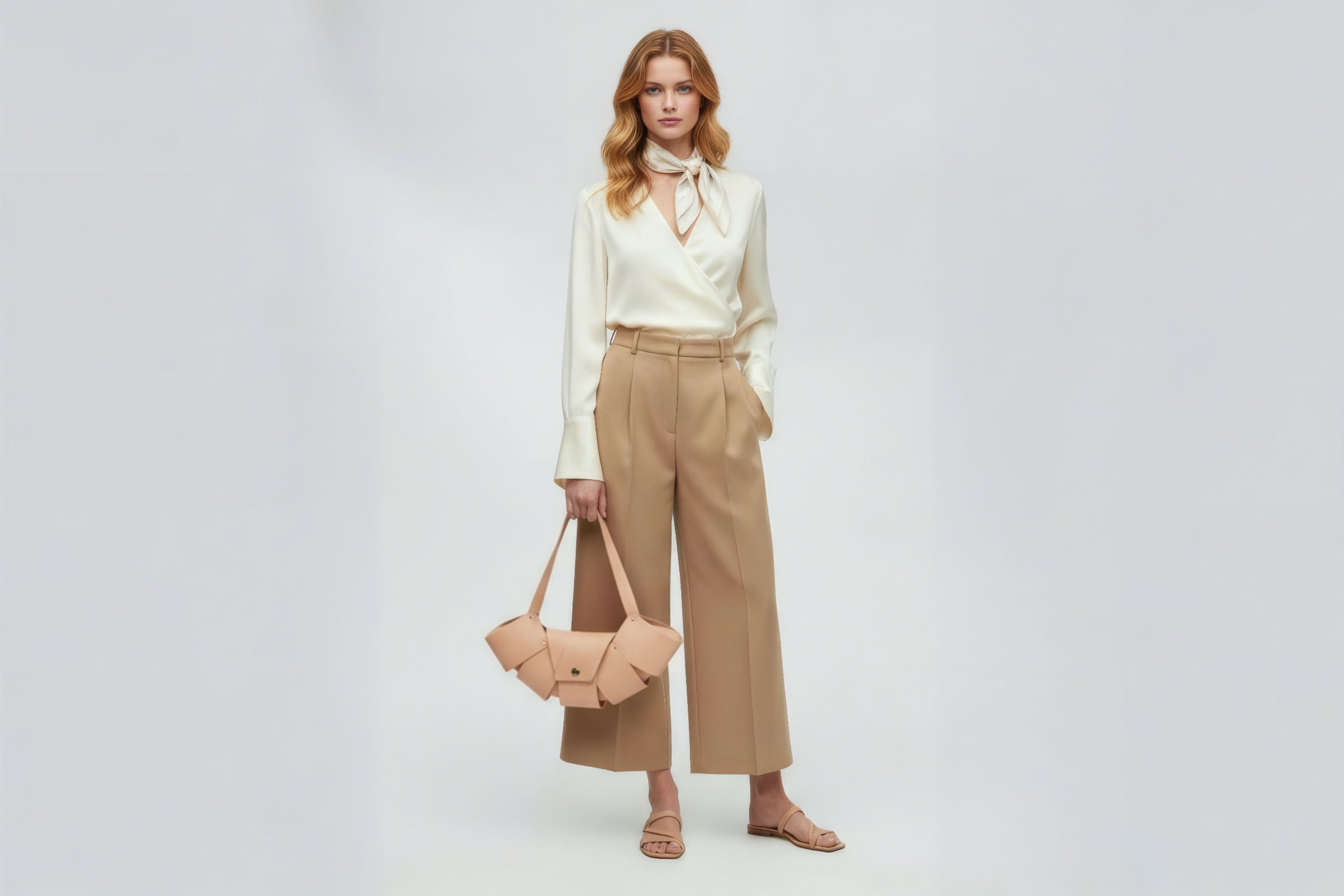 Croissant Bag Big Natural Colour Leather Magnetic Closure On A Woman Model Full Grain Vegetable Tanned Leather High Quality Modern Minimalistic Organic Design Full Brass Rivets Atelier Madre Manuel Dreesmann Barcelona Spain