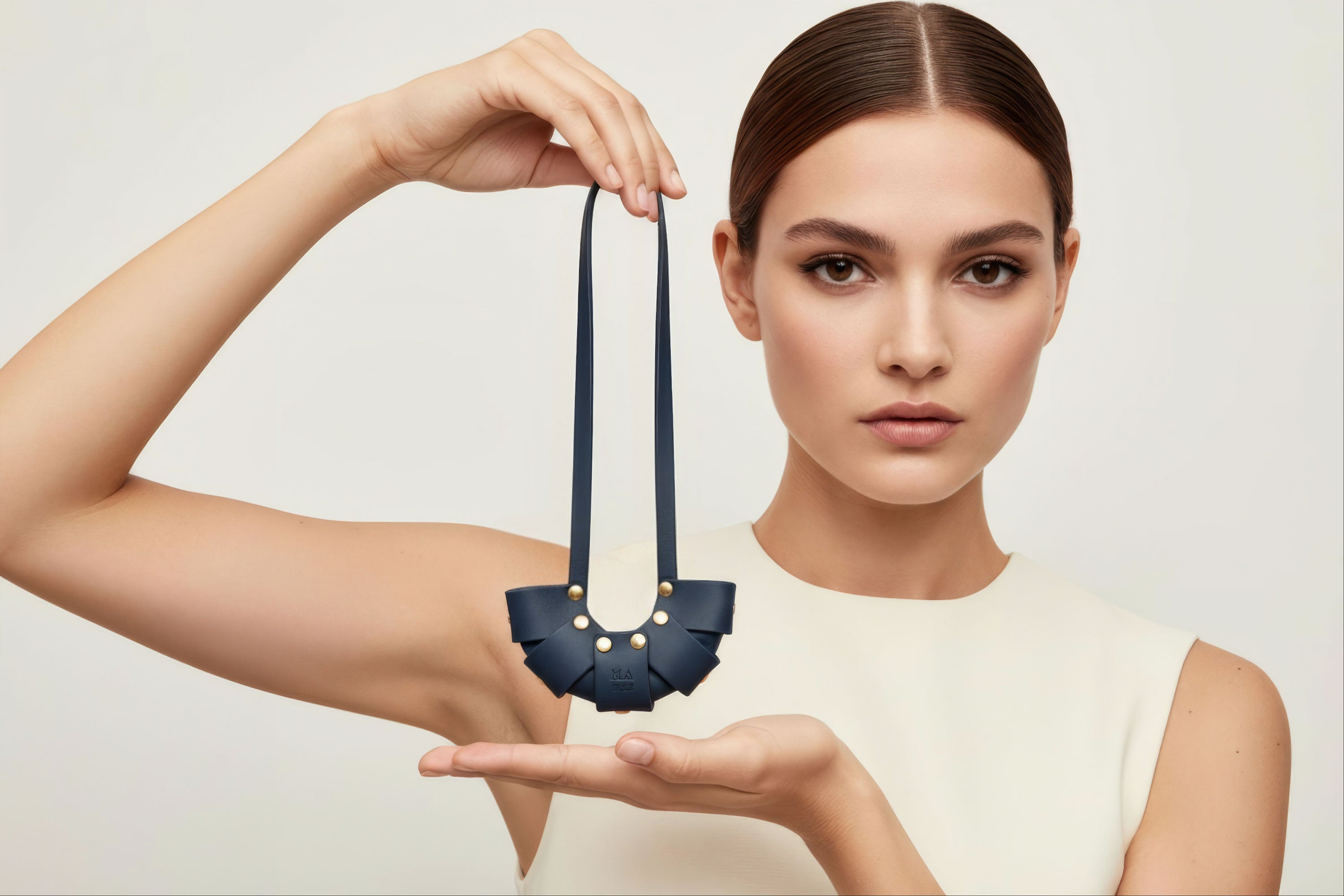 Marine Blue Color Leather Croissant Bag Charm Minimal Premium Design On Model Atelier Madre Manuel Dreesmann Barcelona Spain