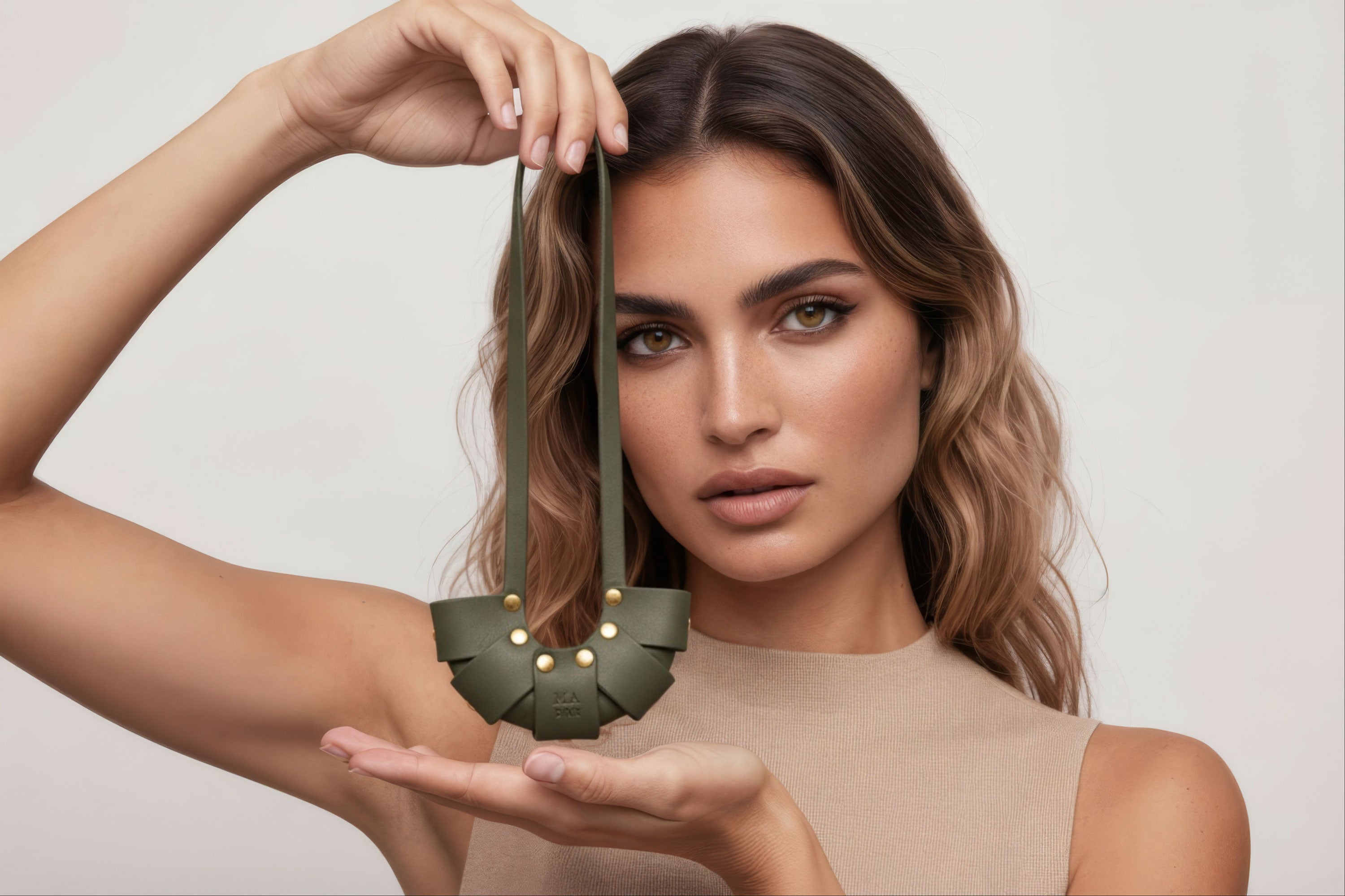 Olive Green Color Leather Croissant Bag Charm Minimal Premium Design On Model Atelier Madre Manuel Dreesmann Barcelona Spain