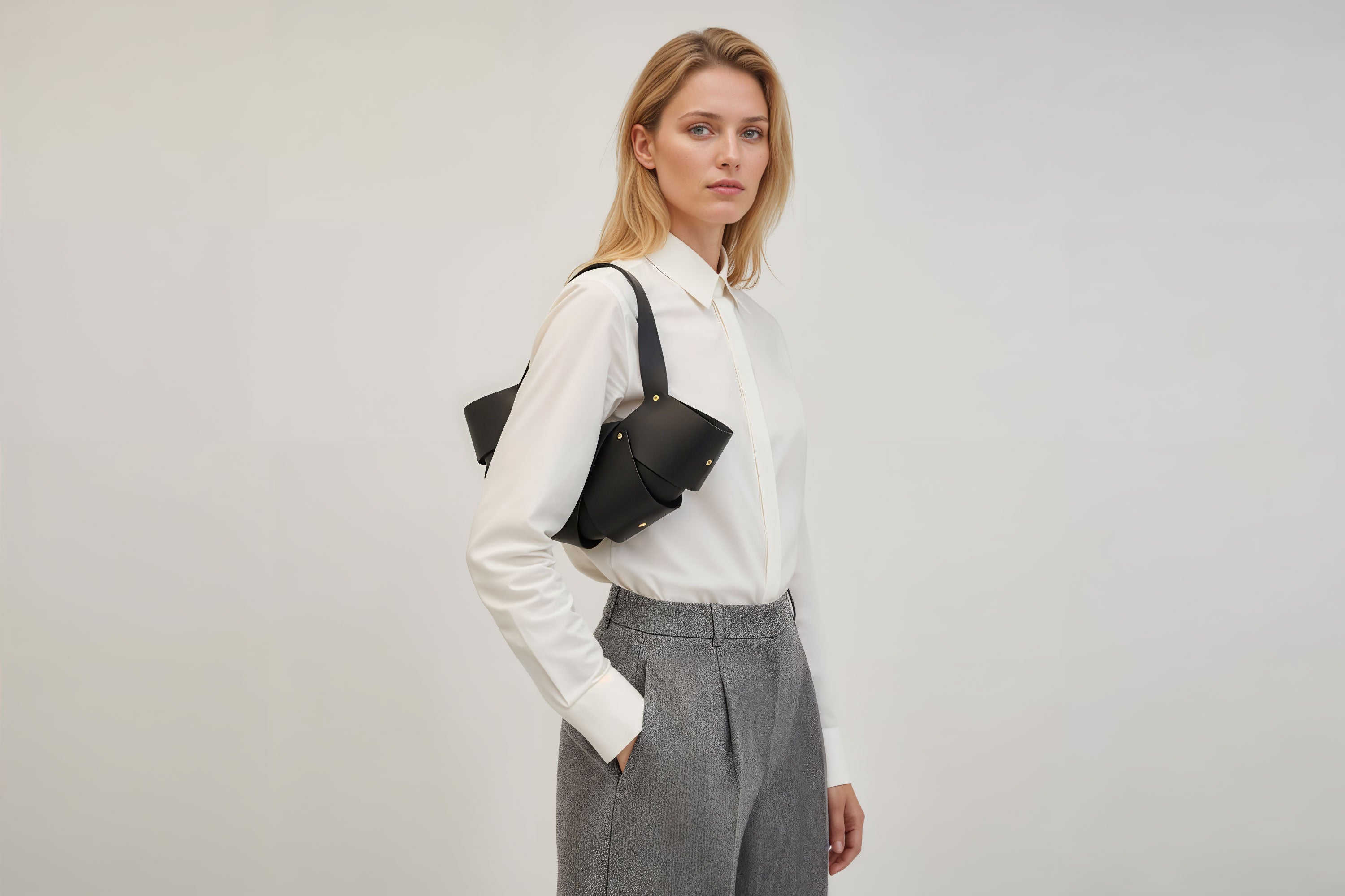 Croissant Bag Black Color Leather Minimalistic Design On Model White Background Atelier Madre Manuel Dreesmann Barcelona