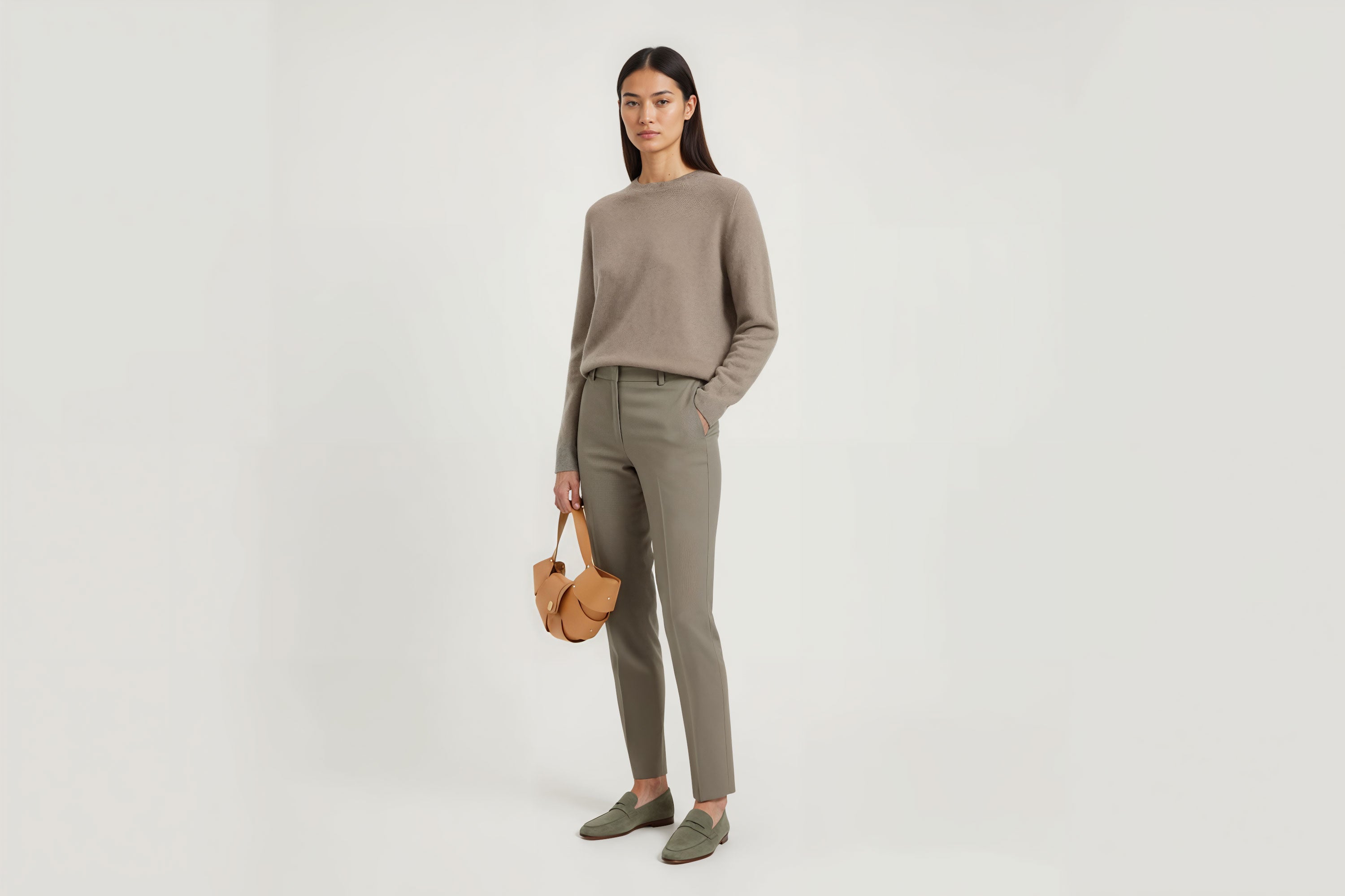 Croissant Bag Brown Color Leather Minimalistic Design On Model White Background Atelier Madre Manuel Dreesmann Barcelona