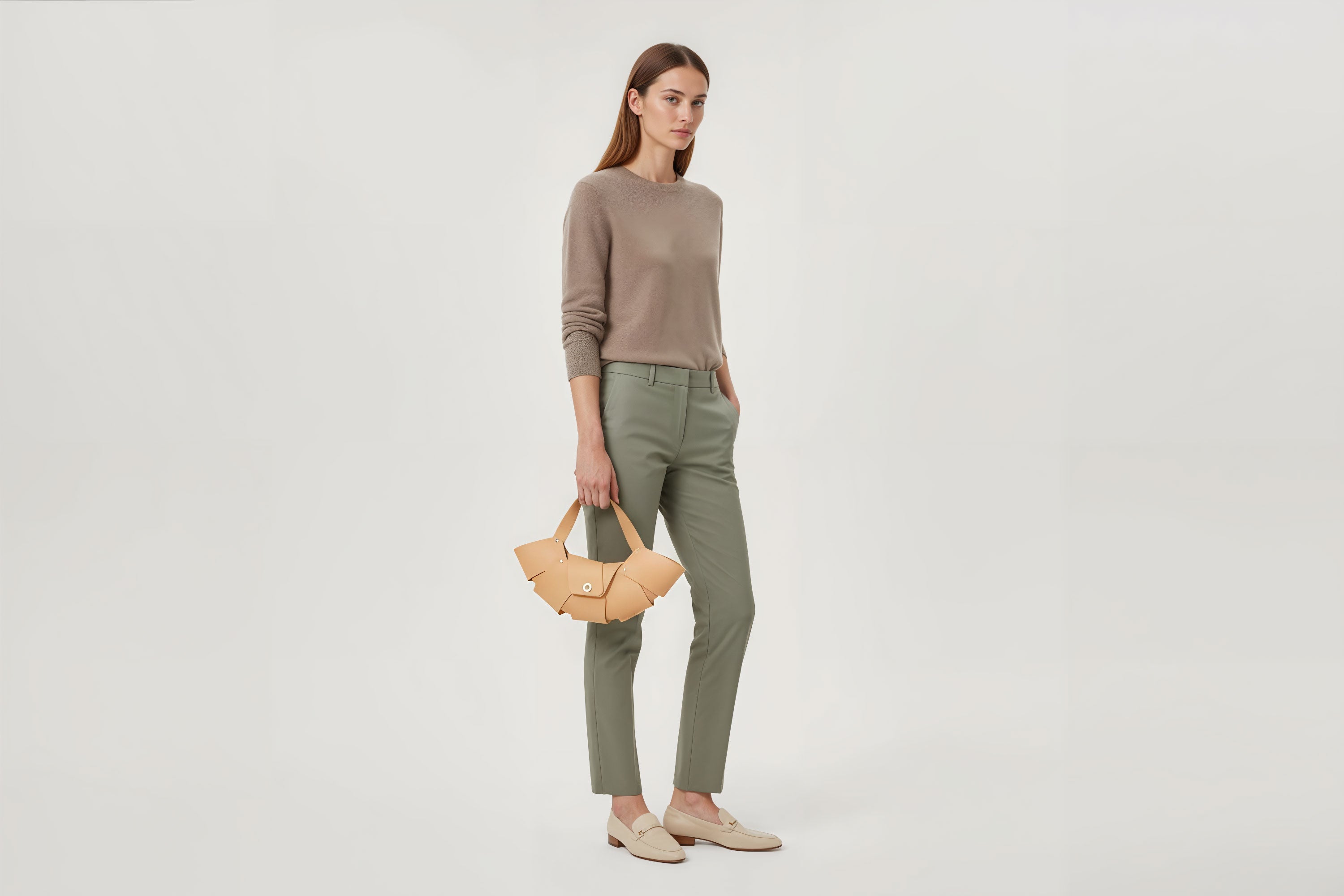 Croissant Bag Brown Color Leather Minimalistic Design On Model White Background Atelier Madre Manuel Dreesmann Barcelona