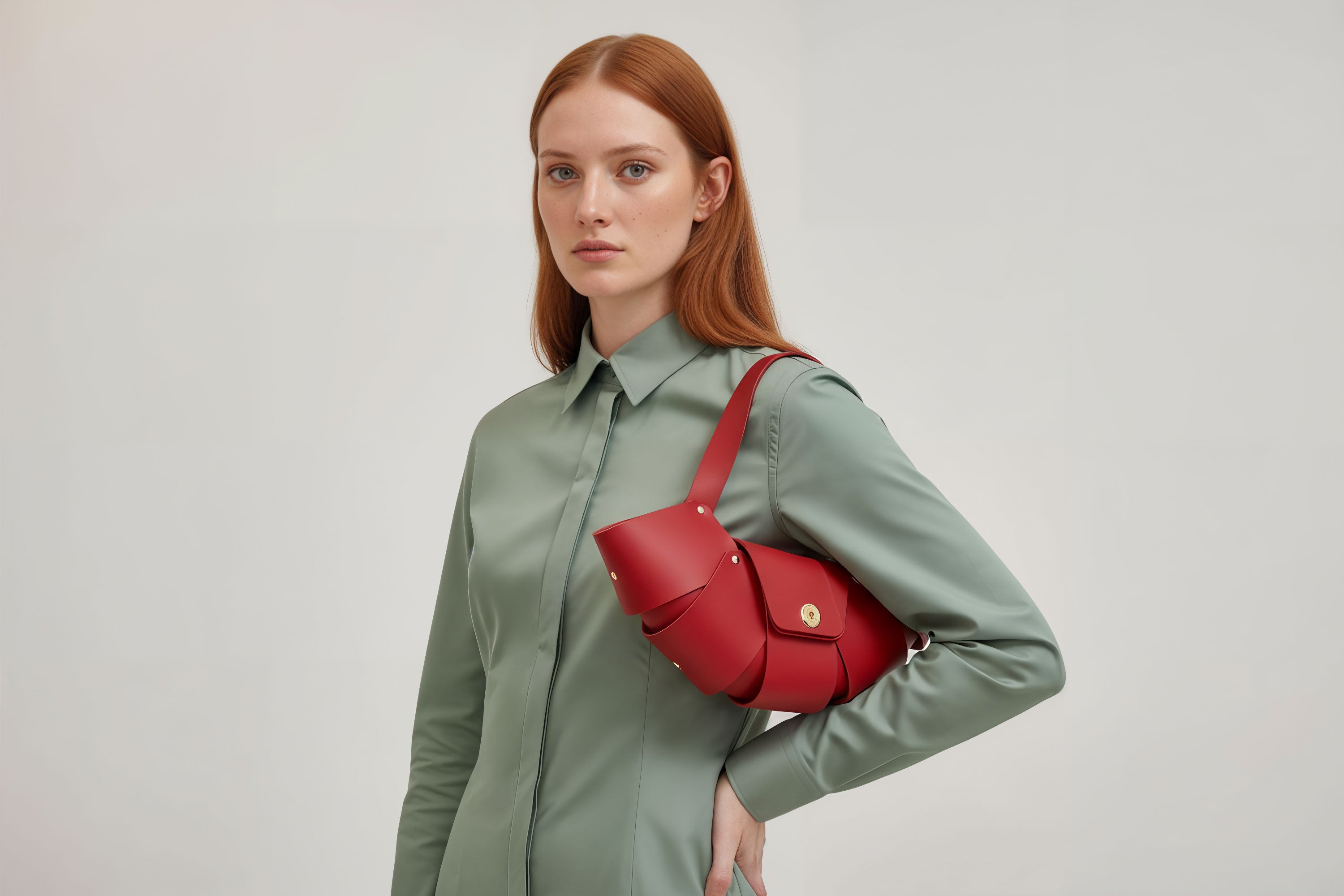 Croissant Bag Red Color Leather Minimalistic Design On Model White Background Atelier Madre Manuel Dreesmann Barcelona