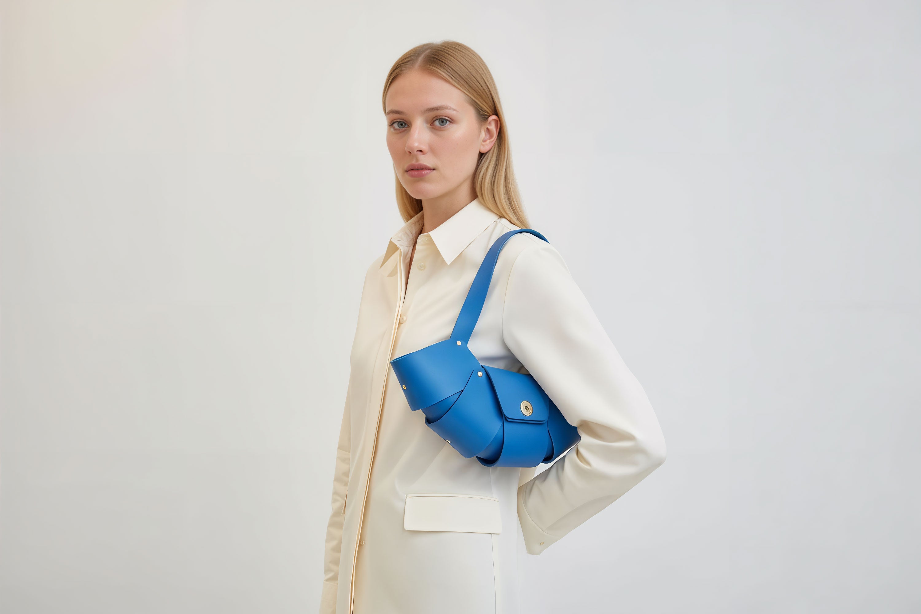 Croissant Bag Royal Blue Color Leather Minimalistic Design On Model White Background Atelier Madre Manuel Dreesmann Barcelona