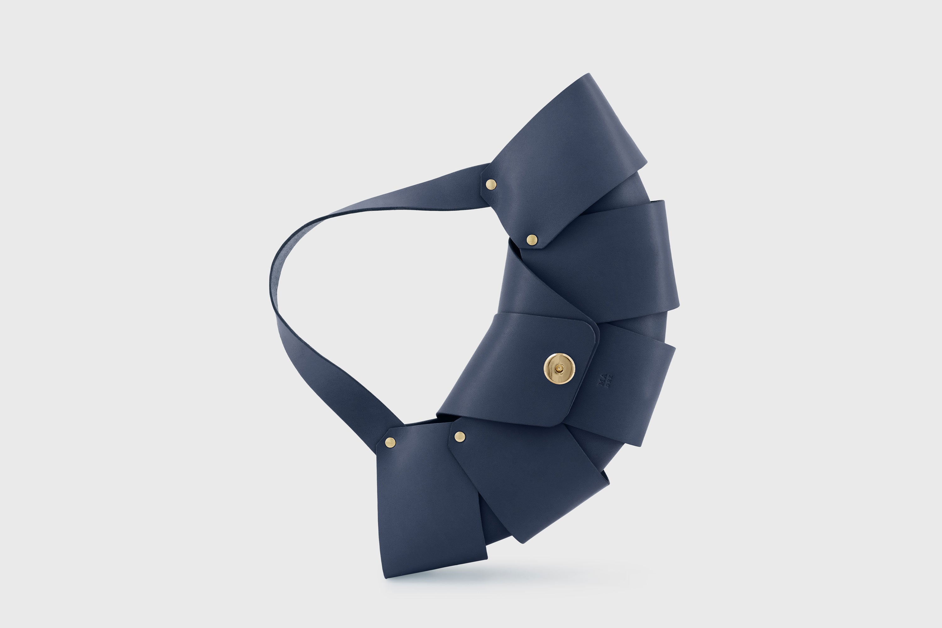 Croissant Bag Marine Blue Color Leather Magnetic Closure Full Grain Vegetable Tanned Leather High Quality Modern Minimalistic Organic Design Full Brass Rivets Atelier Madre Manuel Dreesmann Barcelona Spain