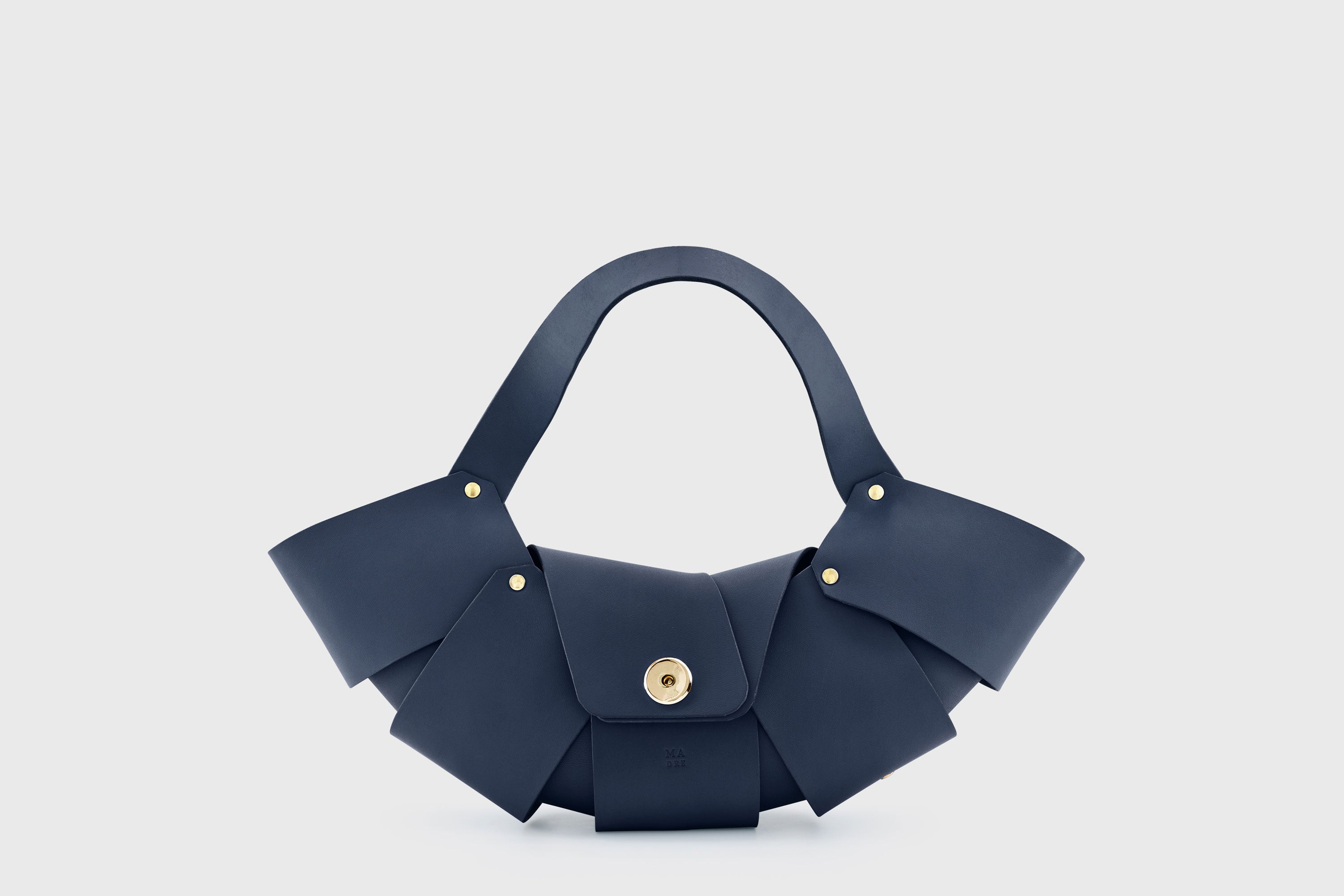 Croissant Bag Marine Blue Color Leather Magnetic Closure Full Grain Vegetable Tanned Leather High Quality Modern Minimalistic Organic Design Full Brass Rivets Atelier Madre Manuel Dreesmann Barcelona Spain