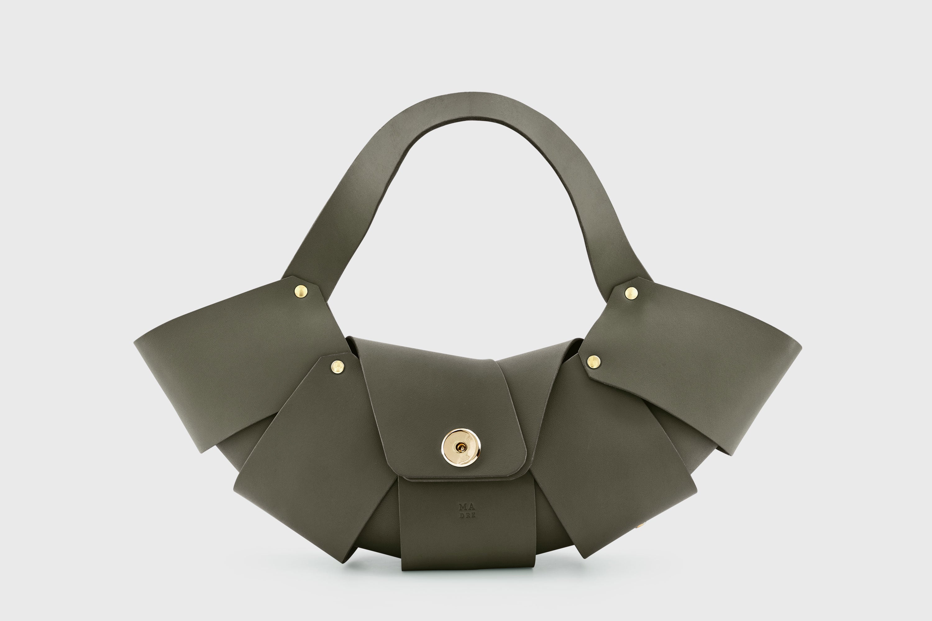 Croissant Bag Olive Green Color Leather Magnetic Closure Full Grain Vegetable Tanned Leather High Quality Modern Minimalistic Organic Design Full Brass Rivets Atelier Madre Manuel Dreesmann Barcelona Spain