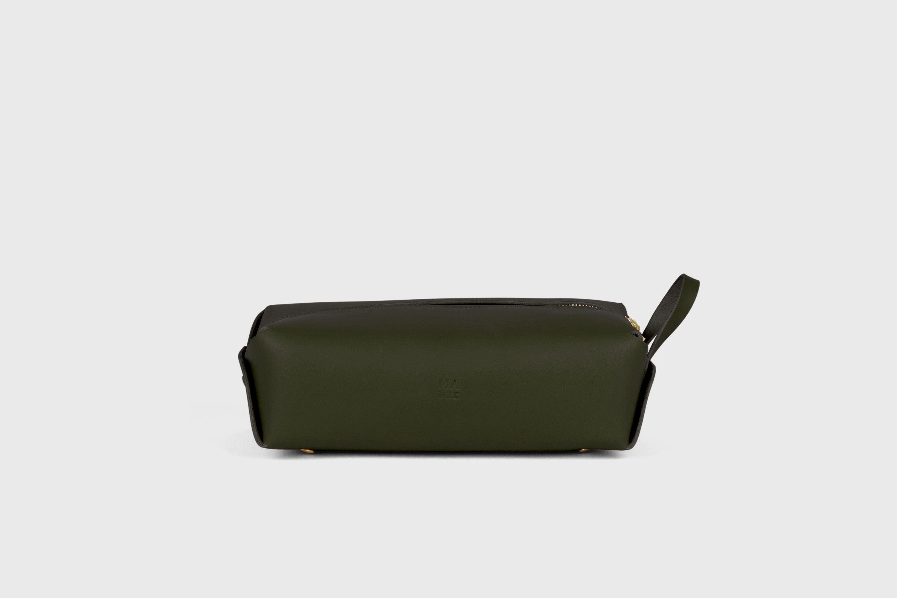 Dopp Kit Olive Green Color Leather Toiletry Bag Make Up Pouch Travel Pack Hygiene Bag Zipper Premium Quality Minimalistic Modern Design Atelier Madre Manuel Dreesmann Barcelona Spain