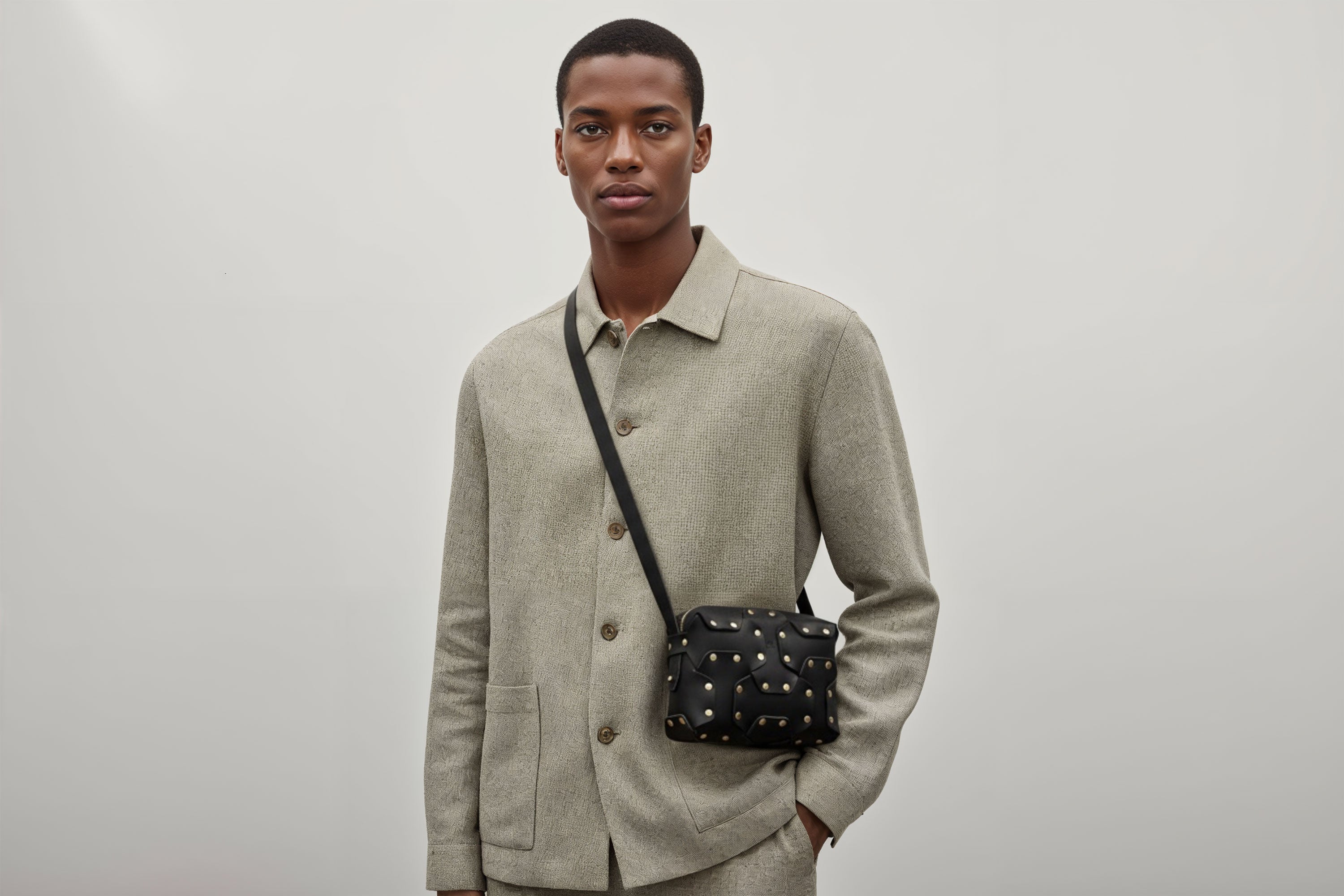 Double Rivet Bag Black Color On A Man Model Leather Full Grain Vegetable Tanned Leather Modern Minimalist Design Premium Quality Full Brass Clutch Crossbody Shoulder Bag Atelier Madre Manuel Dreesmann Barcelona Spain