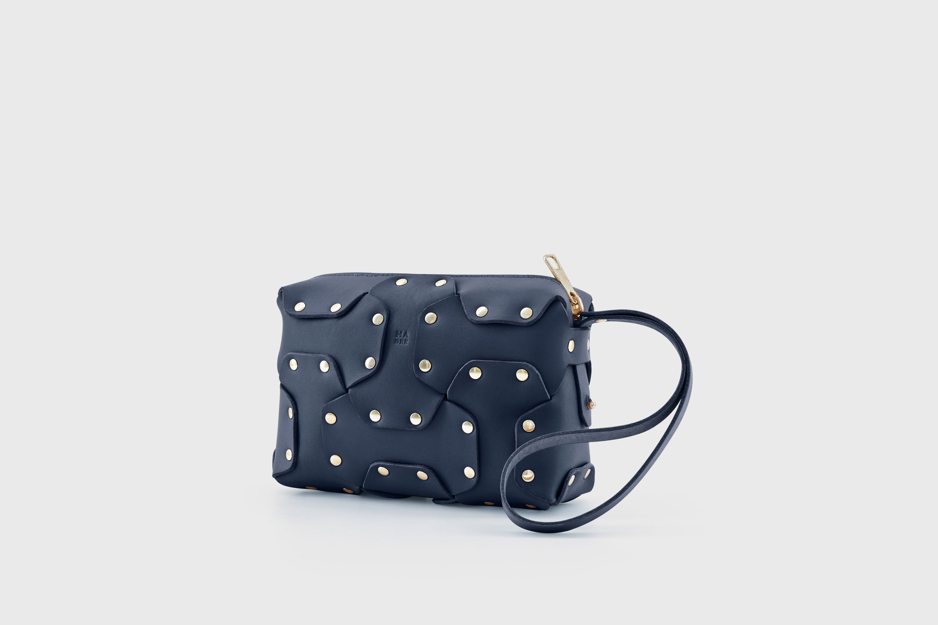 Double Rivet Bag Marine Blue Color Leather Full Grain Vegetable Tanned Leather Modern Minimalist Design Premium Quality Full Brass Clutch Crossbody Shoulder Bag Atelier Madre Manuel Dreesmann Barcelona Spain
