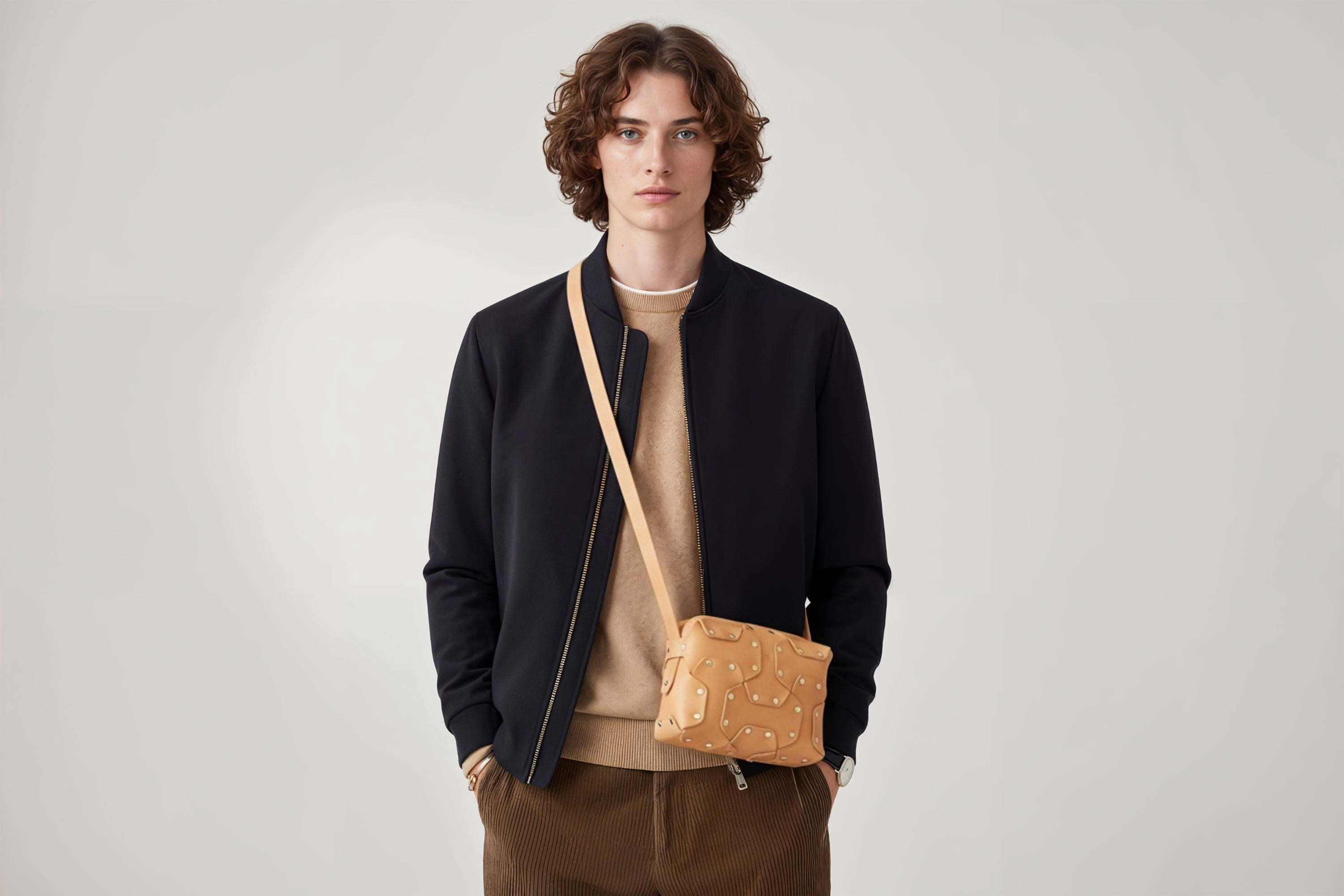 Double Rivet Bag Natural Color On A Man Model Leather Full Grain Vegetable Tanned Leather Modern Minimalist Design Premium Quality Full Brass Clutch Crossbody Shoulder Bag Atelier Madre Manuel Dreesmann Barcelona Spain