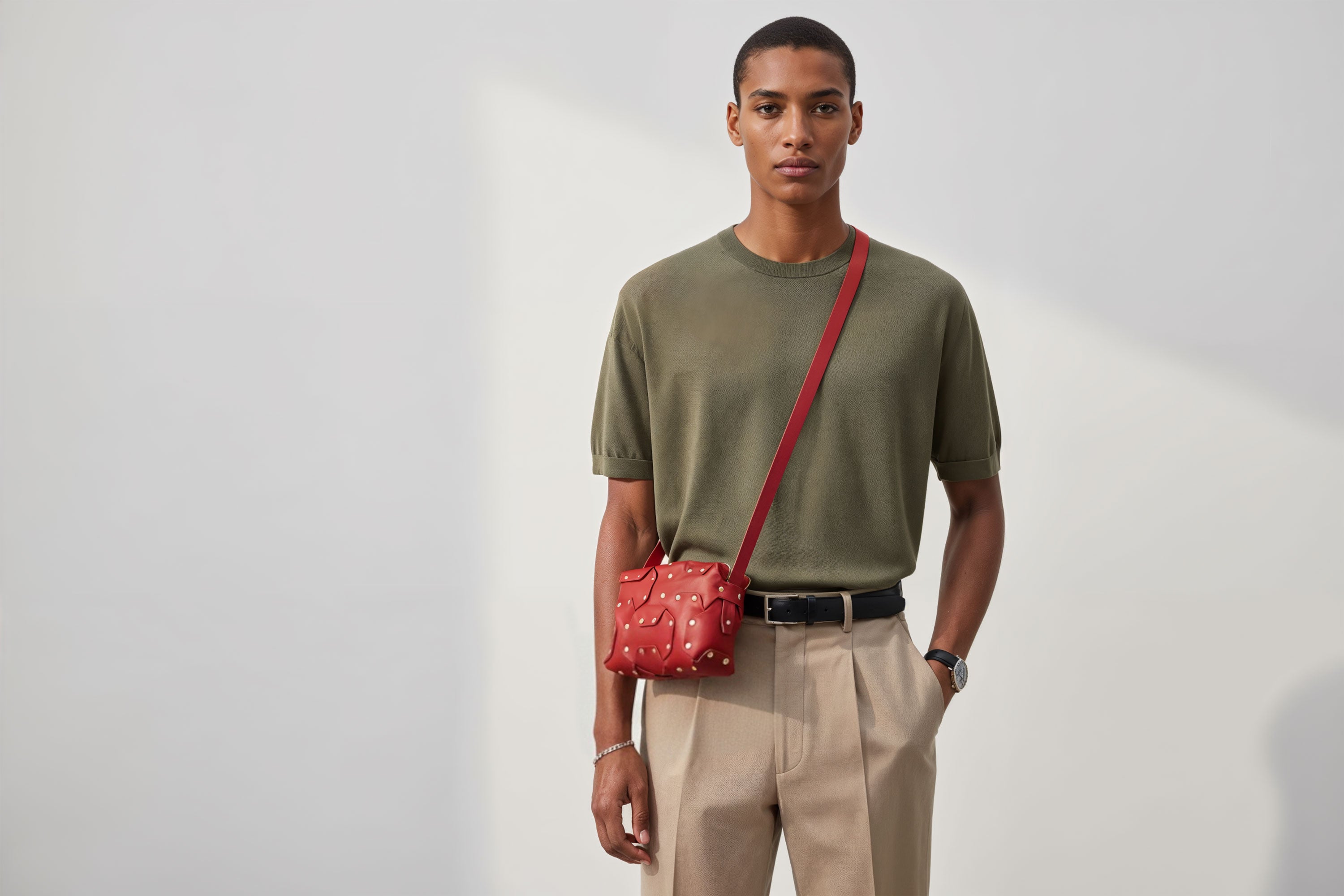 Double Rivet Bag Red Color On A Man Model Leather Full Grain Vegetable Tanned Leather Modern Minimalist Design Premium Quality Full Brass Clutch Crossbody Shoulder Bag Atelier Madre Manuel Dreesmann Barcelona Spain