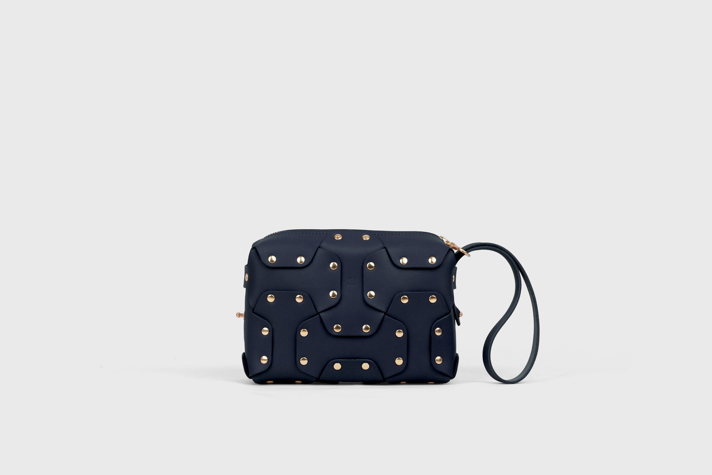 Double Rivet Bag, Marine Blue Color, Leather Full Grain Vegetable Tanned Leather Modern Minimalist Design Premium Quality Full Brass Clutch Crossbody Shoulder Bag from Atelier Madre, Manuel Dreesmann Barcelona Spain