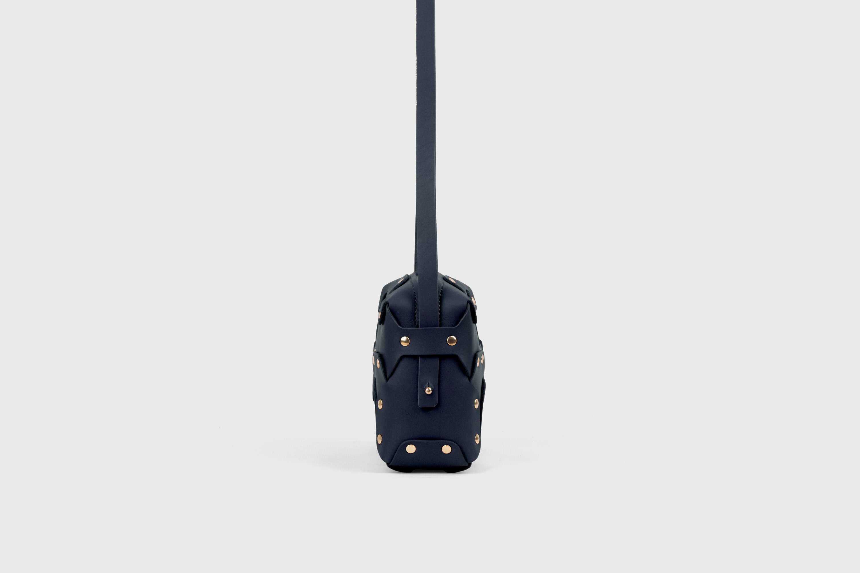 Double Rivet Bag, Marine Blue Color, Leather Full Grain Vegetable Tanned Leather Modern Minimalist Design Premium Quality Full Brass Clutch Crossbody Shoulder Bag from Atelier Madre, Manuel Dreesmann Barcelona Spain