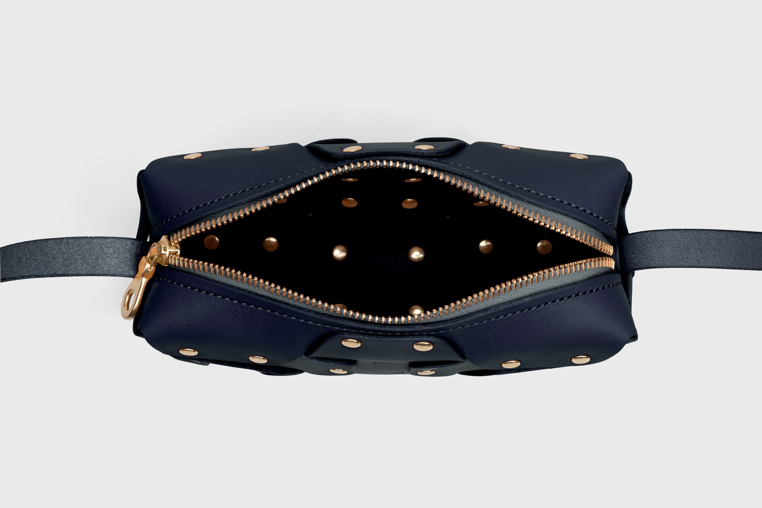 Double Rivet Bag, Marine Blue Color, Leather Full Grain Vegetable Tanned Leather Modern Minimalist Design Premium Quality Full Brass Clutch Crossbody Shoulder Bag from Atelier Madre, Manuel Dreesmann Barcelona Spain