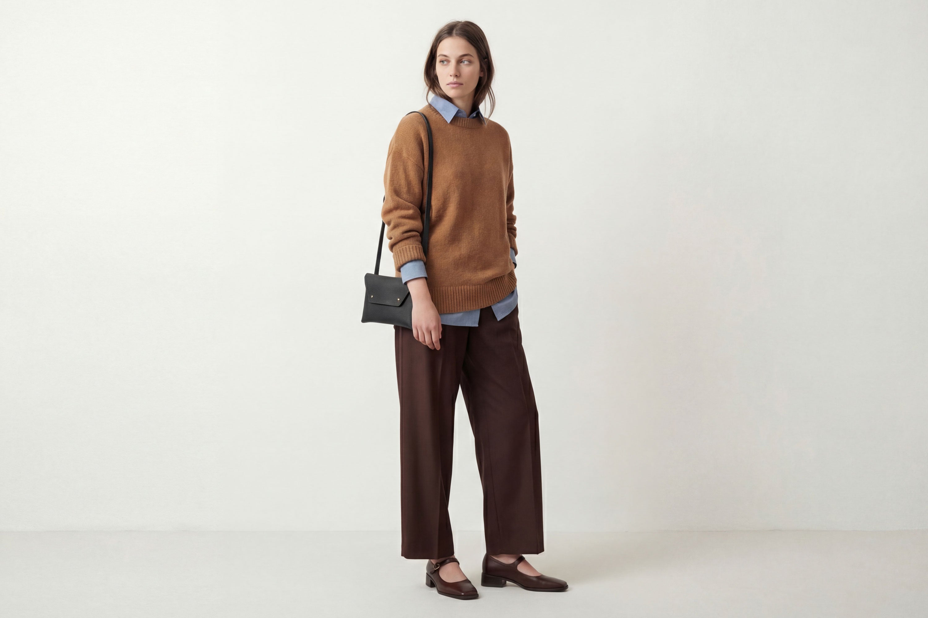 Envelope Bag With a Strap In Black Color On A Woman Model Vegetable Tanned Leather Minimalistic Design Atelier Madre Manuel Dreesmann Barcelona Spain