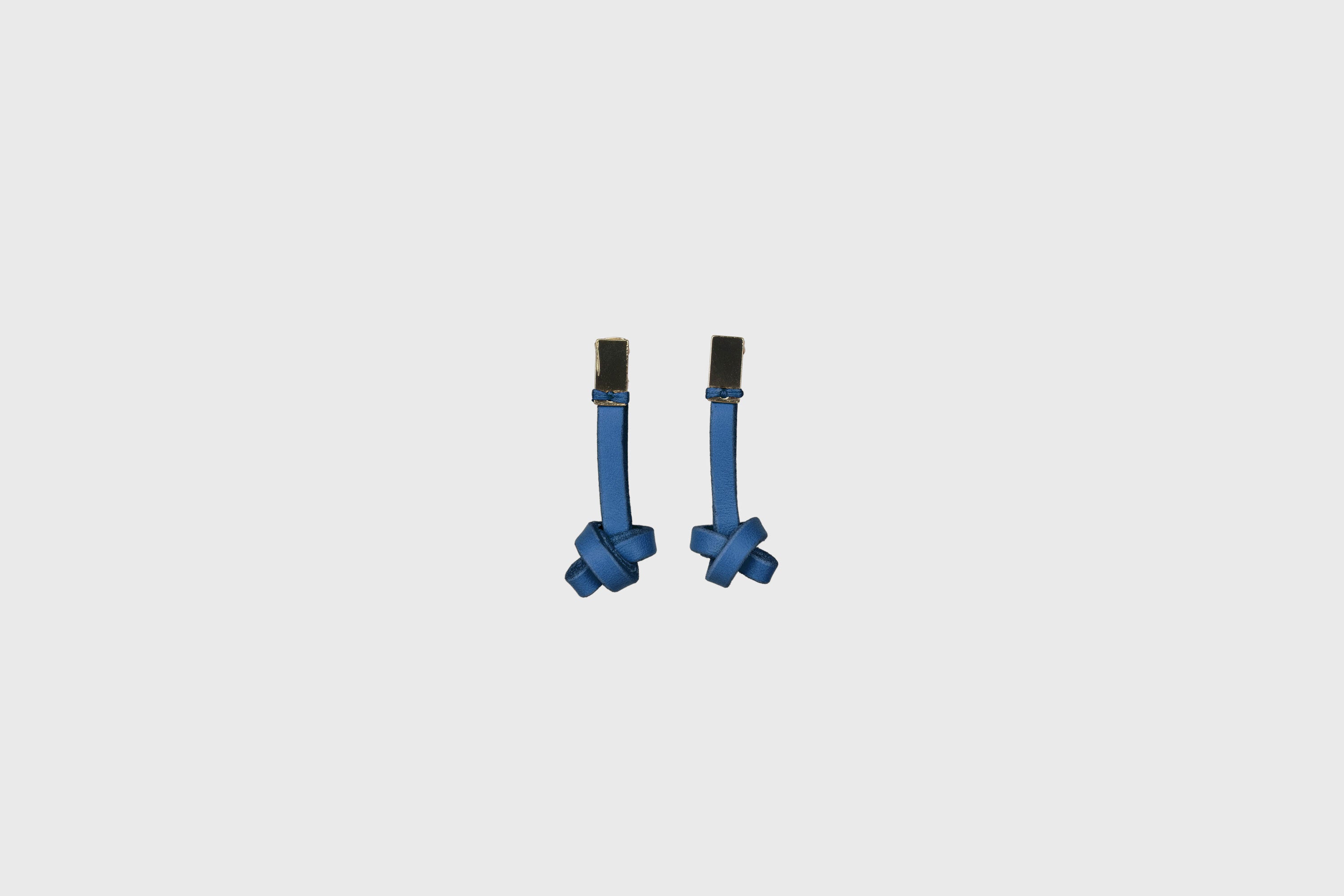 Gaia Earrings In Royal Blue Color In Vegetable Tanned Leather Minimalistic Design Atelier Madre Manuel Dreesmann Barcelona Spain