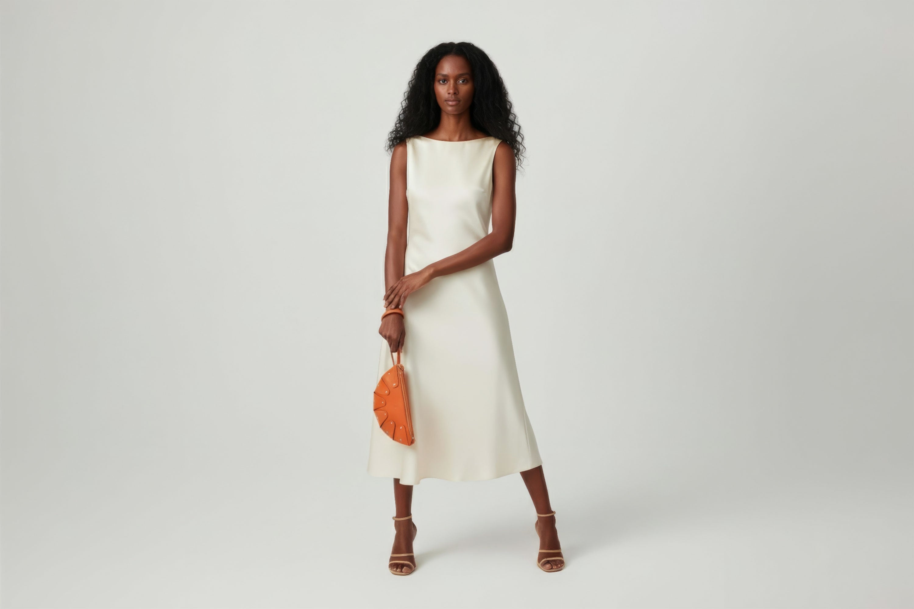 Juno Leather Bag Orange Color On A Model Vegetable Tanned Full Grain Spain Brass Rivets Design Minimalist Half Moon Circle Round Zipper Pouch Handbag Clutch Bag Atelier Madre Manuel Dreesmann Barcelona