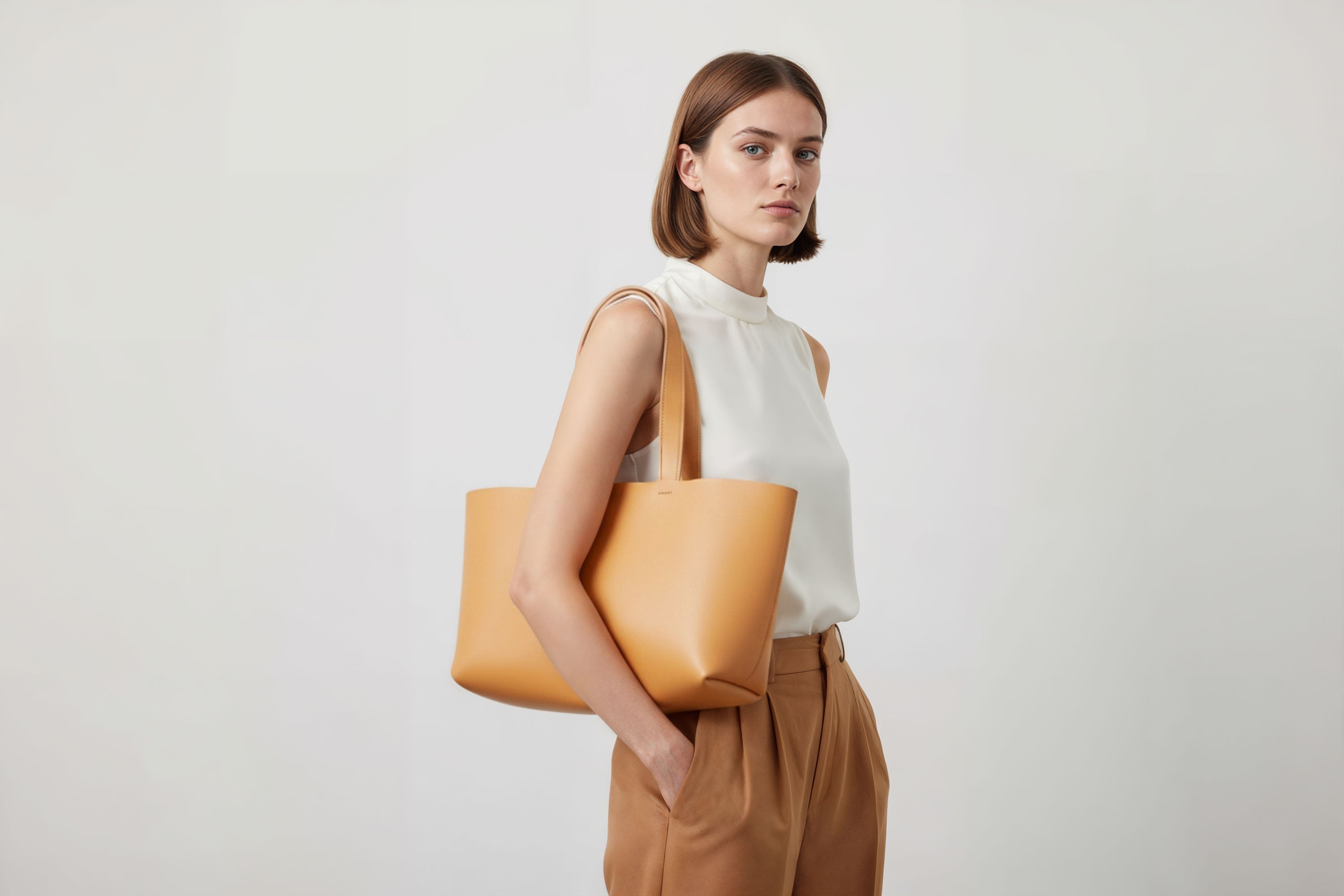 Karin Tote Bag Brown Color On A Woman Model Vegetable Tanned Leather Vachetta Minimalistic Design Premium Atelier Madre Manuel Dreesmann Barcelona Spain