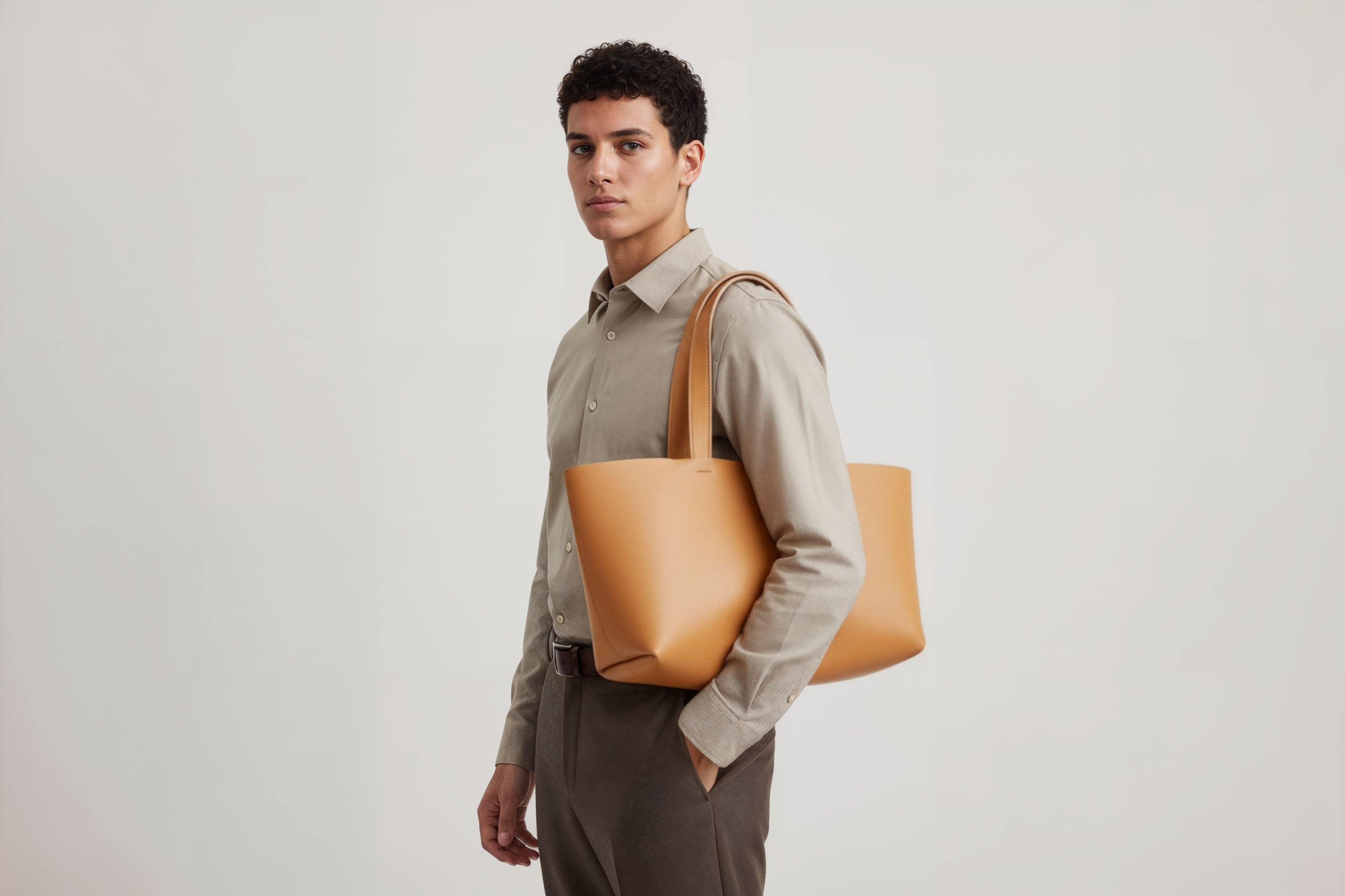 Karin Tote Bag Brown Color On A Man Model Vegetable Tanned Leather Vachetta Minimalistic Design Premium Atelier Madre Manuel Dreesmann Barcelona Spain