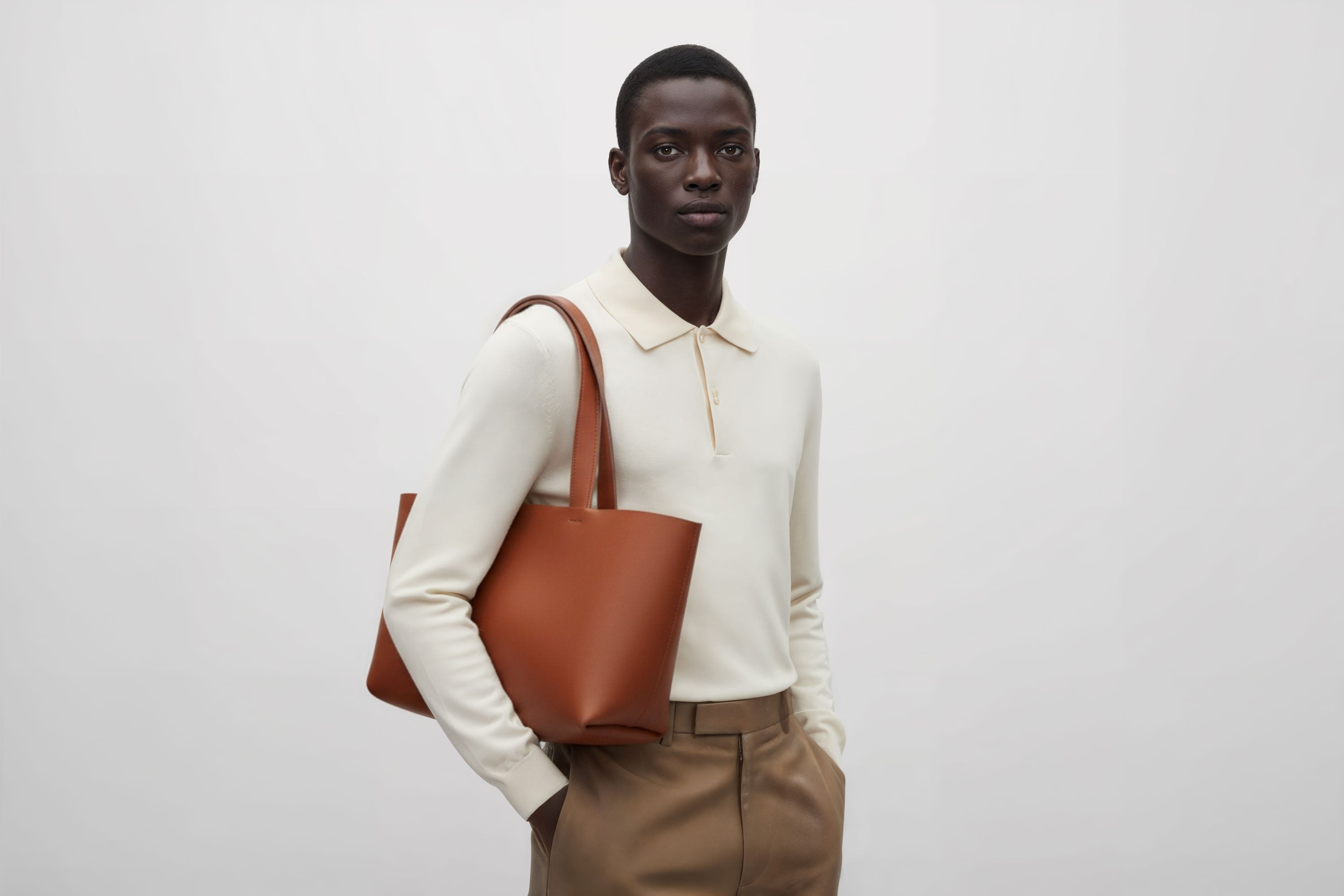 Karin Tote Bag Dark Brown Color On A Man Model Vegetable Tanned Leather Vachetta Minimalistic Design Premium Atelier Madre Manuel Dreesmann Barcelona Spain