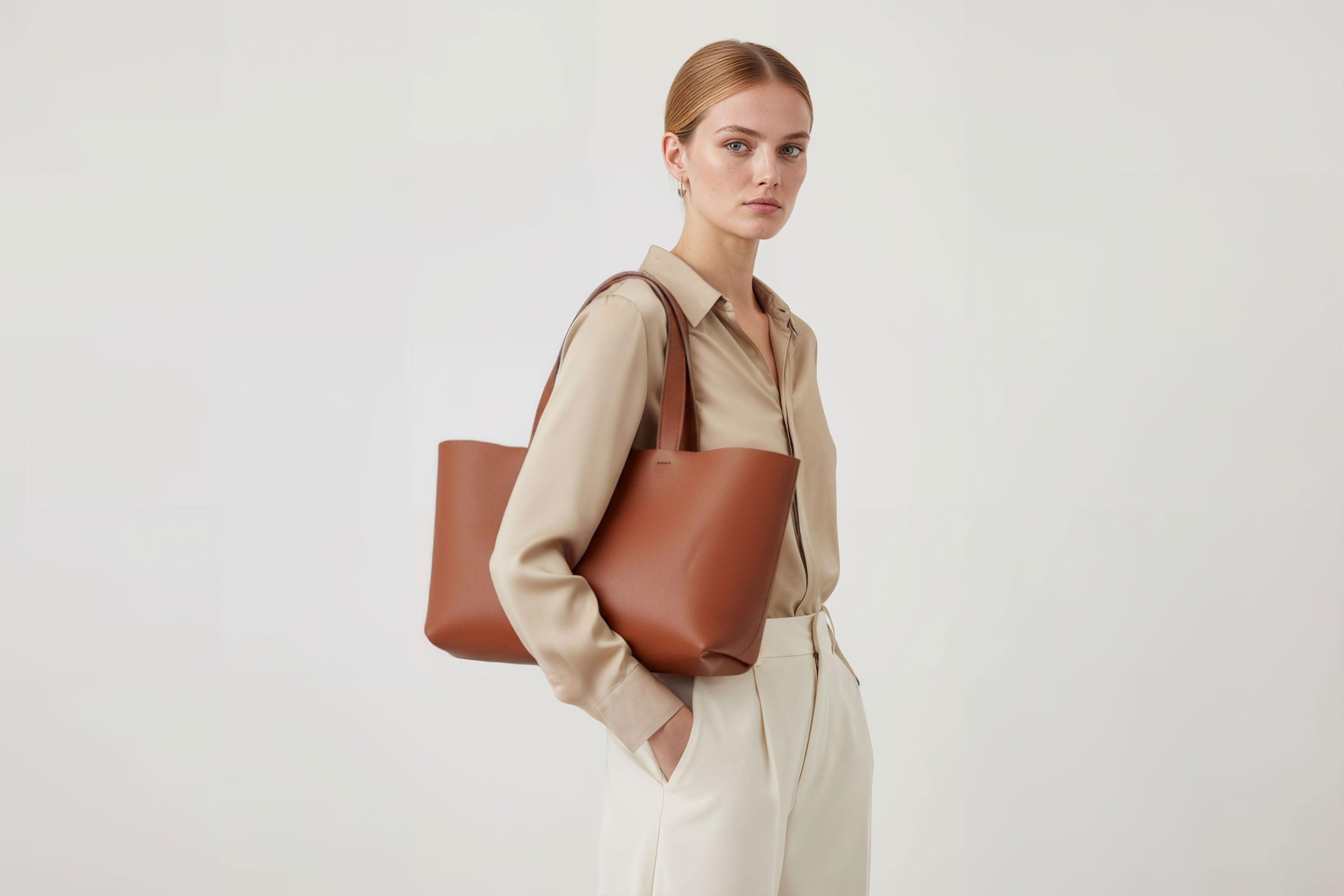 Karin Tote Bag Dark Brown Color On A Woman Model Vegetable Tanned Leather Vachetta Minimalistic Design Premium Atelier Madre Manuel Dreesmann Barcelona Spain