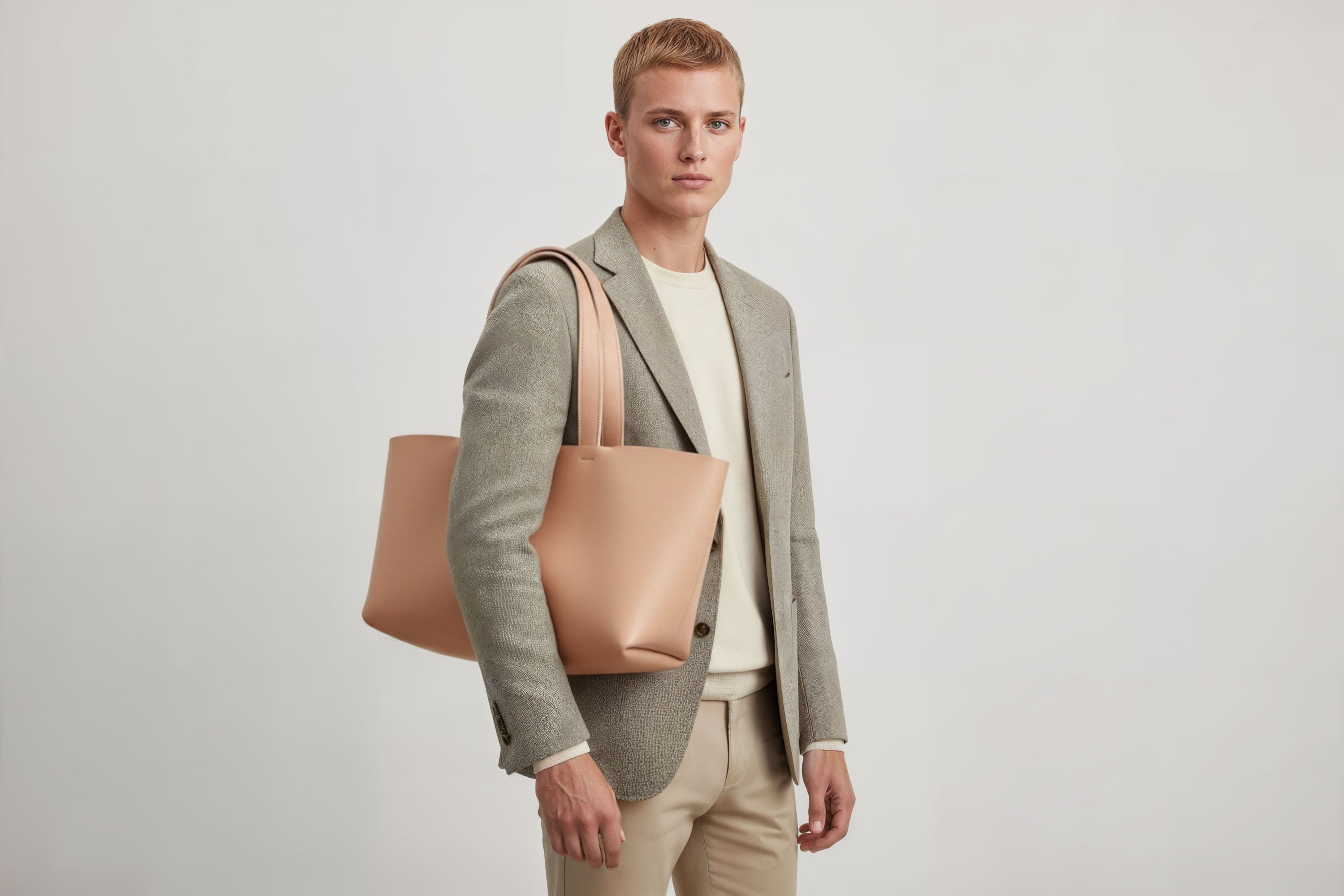 Karin Tote Bag Natural Color On A Man Model Vegetable Tanned Leather Vachetta Minimalistic Design Premium Atelier Madre Manuel Dreesmann Barcelona Spain