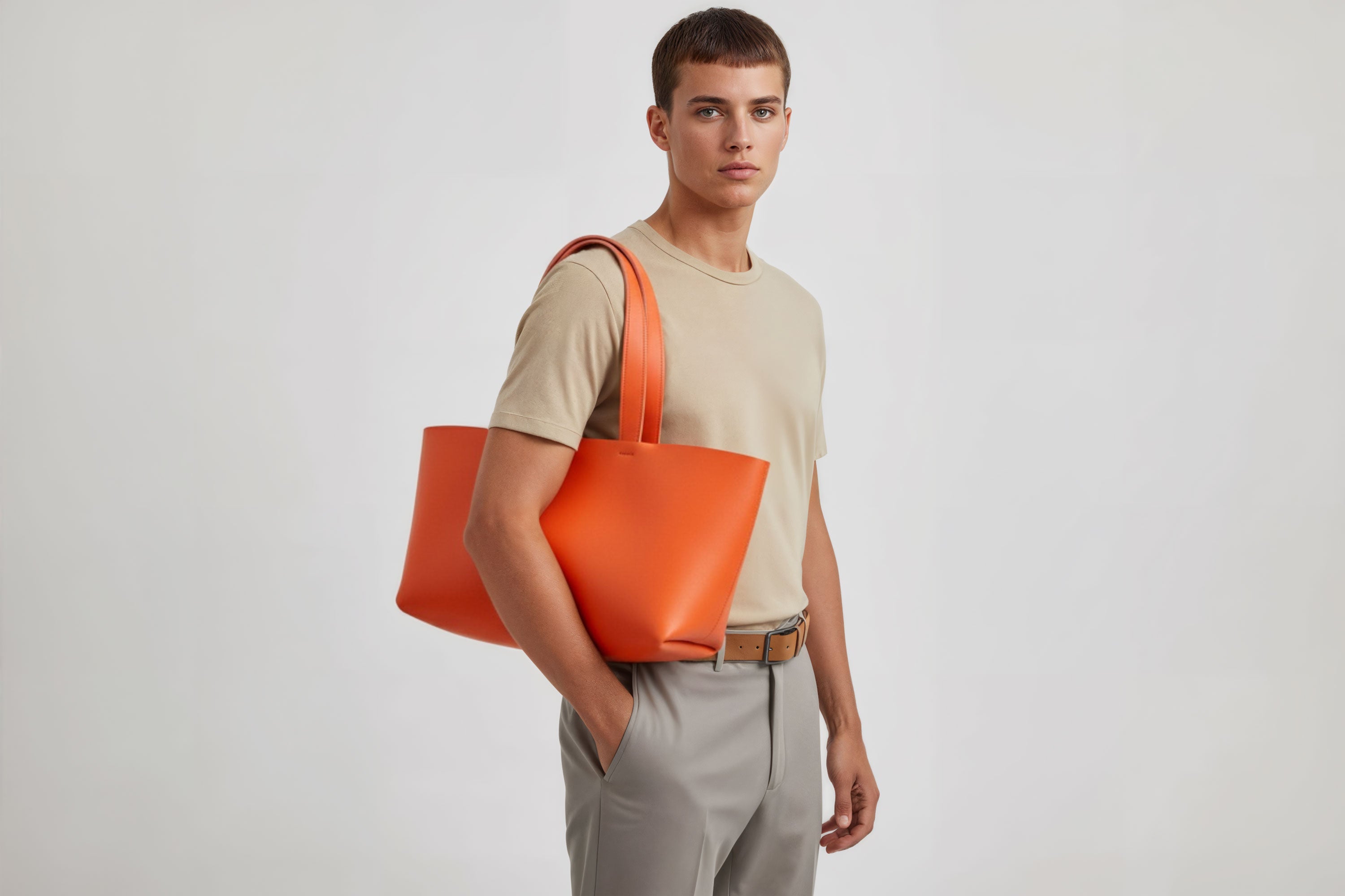 Karin Tote Bag Orange Colour On A Man Model Vegetable Tanned Leather Vachetta Minimalistic Design Premium Atelier Madre Manuel Dreesmann Barcelona Spain
